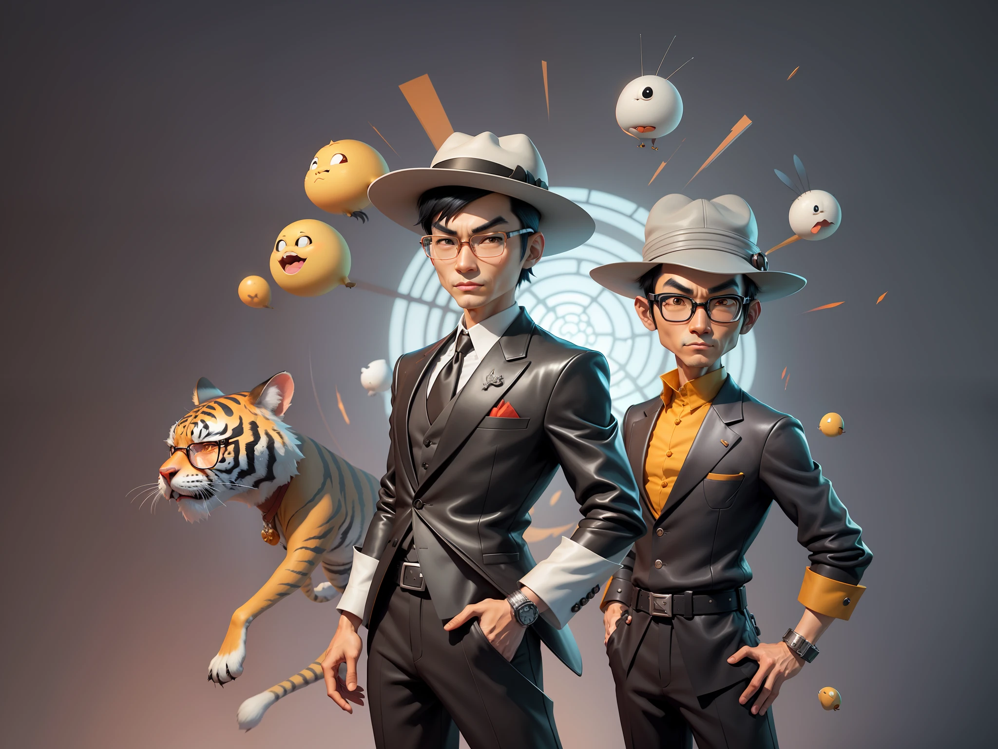Young man with oriental face in leather hat, tiger, oriental face in formal suit, short black hair, silver glasses, digital painting, 3D character design by Mark Clairedon and Pixar and Hayao Miyazaki and Akira Toriyama, the illustration is a high-definition illustration in 4K resolution with very detailed facial features and cartoon-style visuals.