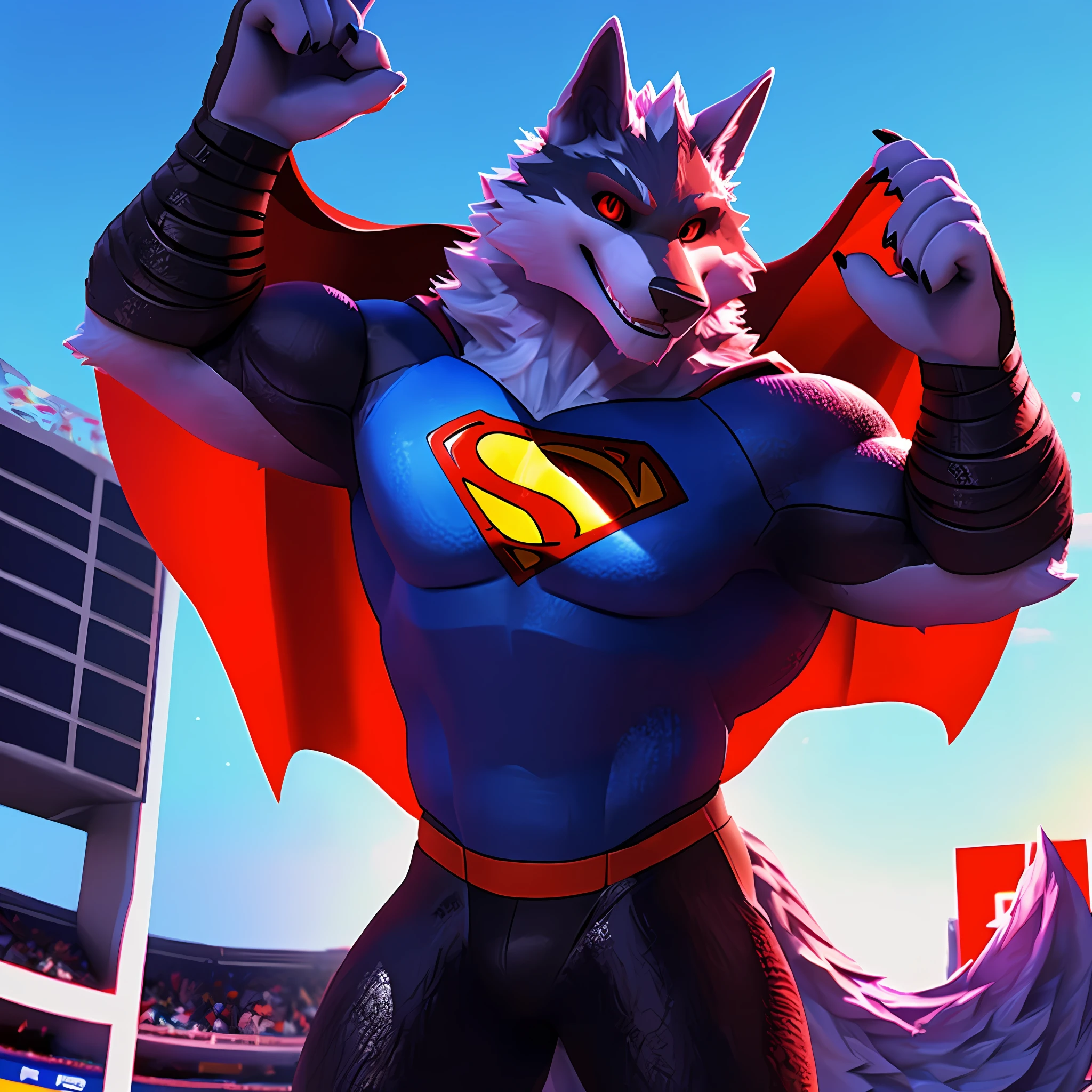Death Wolf using the cosplay of superman flying around saving the gay audience in his arms and lastly looking at the viewer with his very sensual red eyes a very sensual smile 3D ULTRA HD 8K