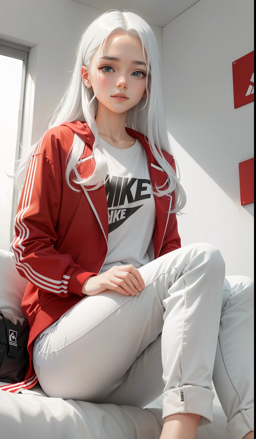 a woman in a white shirt and red pants and red jacket is playing video game, simple style, wearing elegant casual clothes, muted red, simple clothes, milk and red style, casual clothing style, modern fashion outfit, wearing a fisher , casual modern clothing, inspo, red clothes, red pants, neutral tones, rred and white color scheme, casual business outfit, cute face, nike shoes, 17 years old, adult face, long hair, (( white hair)) and gleaming detailed bright silver coloured eyes