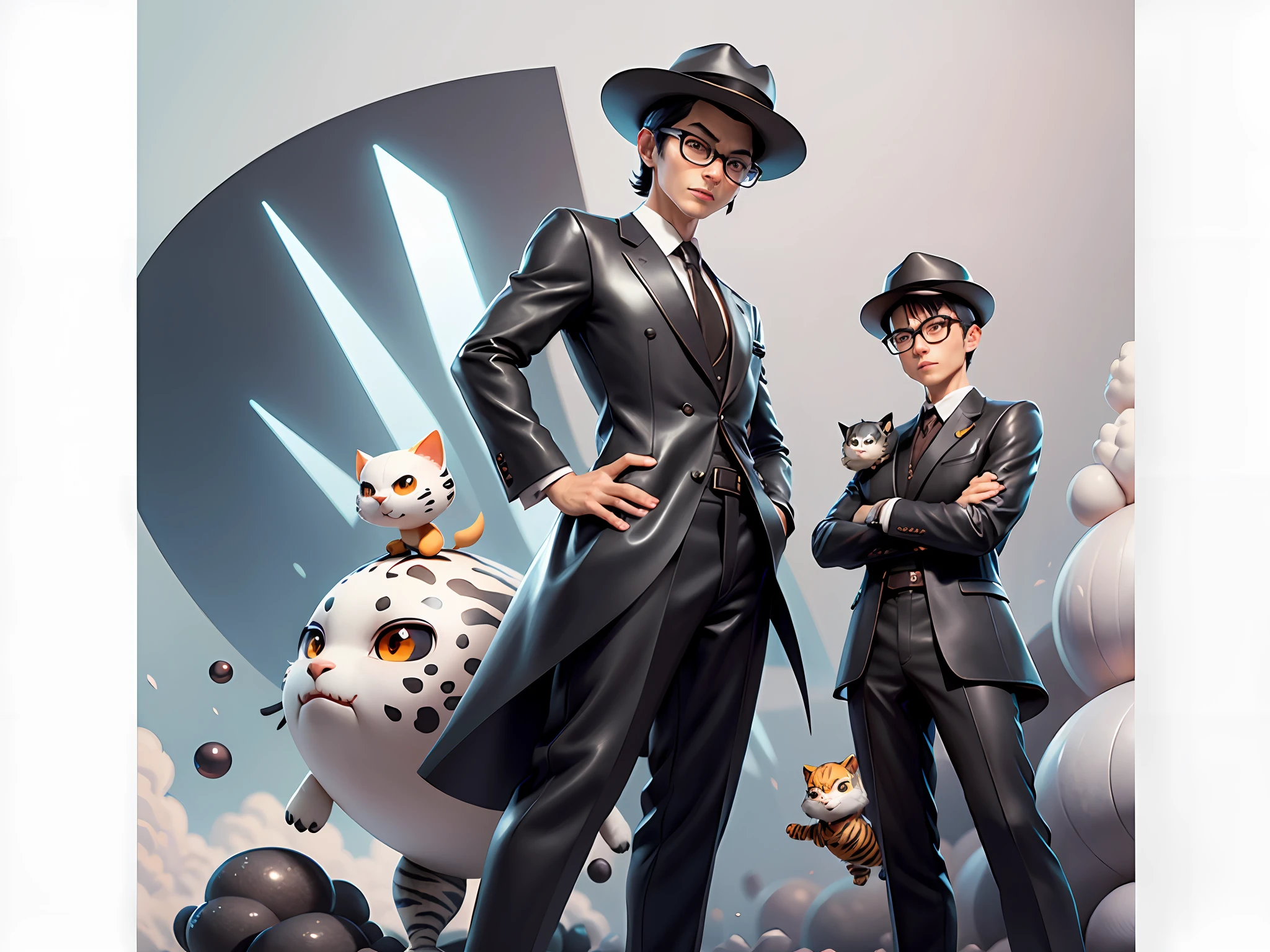 Young man with oriental face in leather hat, tiger, oriental face in formal suit, short black hair, silver glasses, digital painting, 3D character design by Mark Clairedon and Pixar and Hayao Miyazaki and Akira Toriyama, the illustration is a high-definition illustration in 4K resolution with very detailed facial features and cartoon-style visuals.