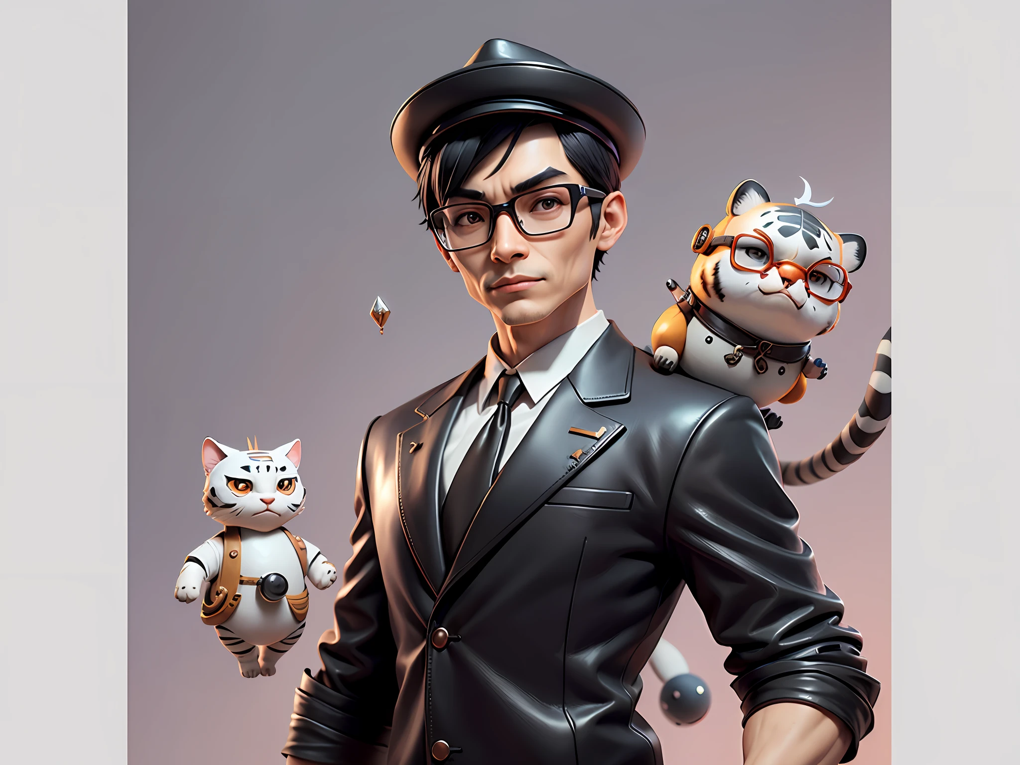 Young man with oriental face in leather hat, tiger, oriental face in formal suit, short black hair, silver glasses, digital painting, 3D character design by Mark Clairedon and Pixar and Hayao Miyazaki and Akira Toriyama, the illustration is a high-definition illustration in 4K resolution with very detailed facial features and cartoon-style visuals.