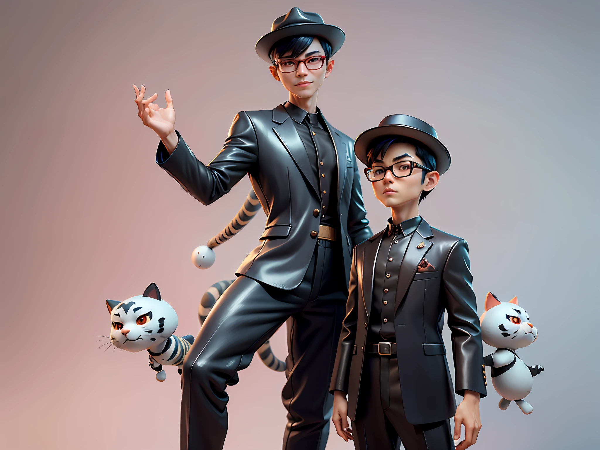 Young man with oriental face in leather hat, tiger, oriental face in formal suit, short black hair, silver glasses, digital painting, 3D character design by Mark Clairedon and Pixar and Hayao Miyazaki and Akira Toriyama, the illustration is a high-definition illustration in 4K resolution with very detailed facial features and cartoon-style visuals.