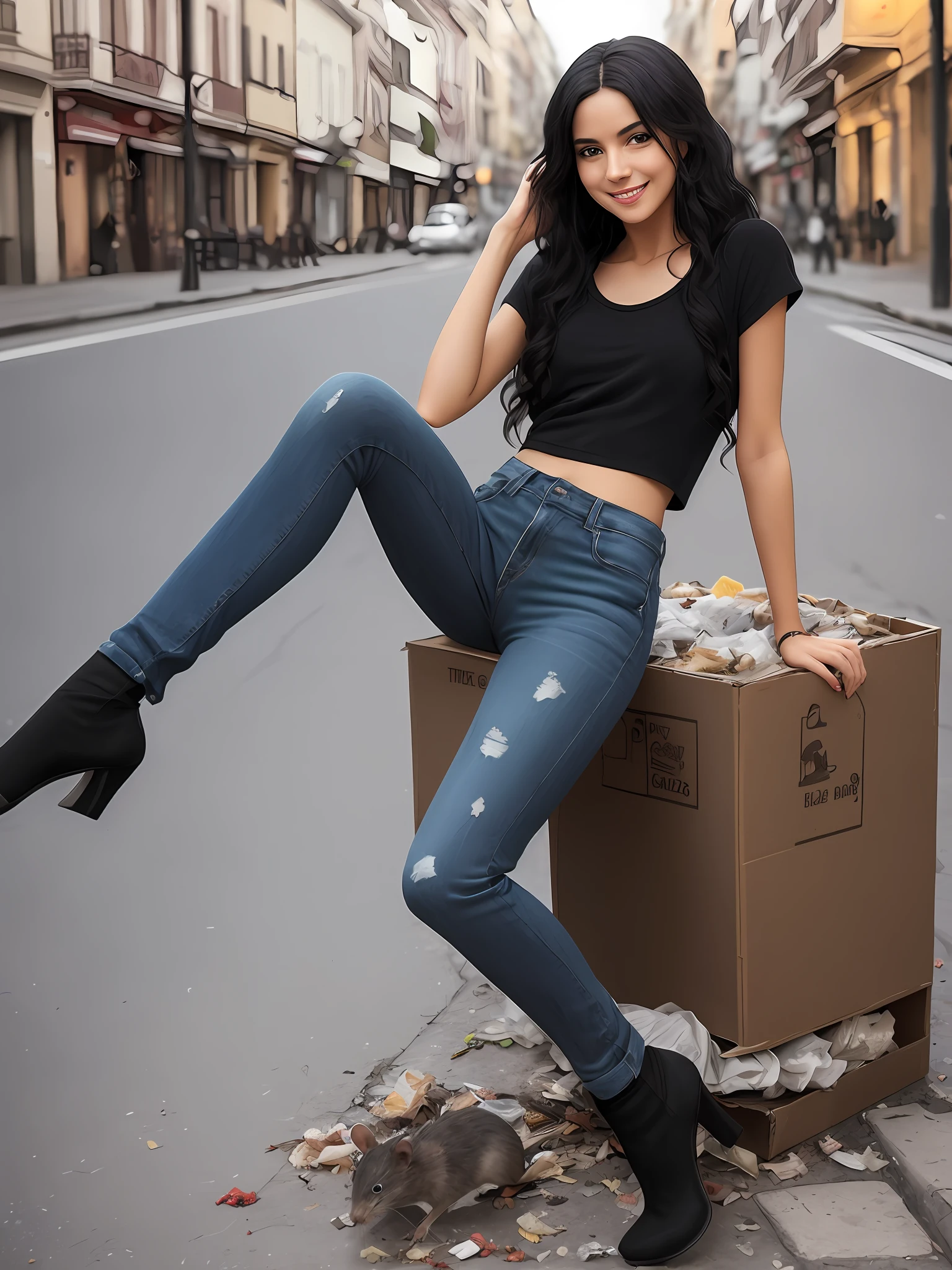 alluring, stuning, gorgeous posing european drunk sexy lady weared (dirty) basic black Teeshirt, round neck baggy tee-shirt, full length, skinny jeans, heel's, black hair's, Italian beauty, intricate enviroment, intricate texture of skin, food waste, trash, garbage, small dead rat on the ground, night, night street lights, carton boxes, cute face, sexual intention, smiling, firm legs, black wavy hair.
