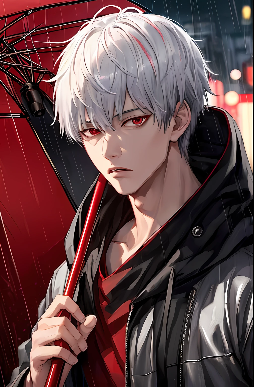 kk, best quality, more details, masterpiece, 1boy, kaneki ken, portrait, male focus, red eyes, solo, bangs, looking at viewer, hood, short hair, rain, tokyo tokyo \(city\), hood up, nail polish, white hair, luxurious, 8k, detailed, ray tracing, depth of field, cinematic lighting,