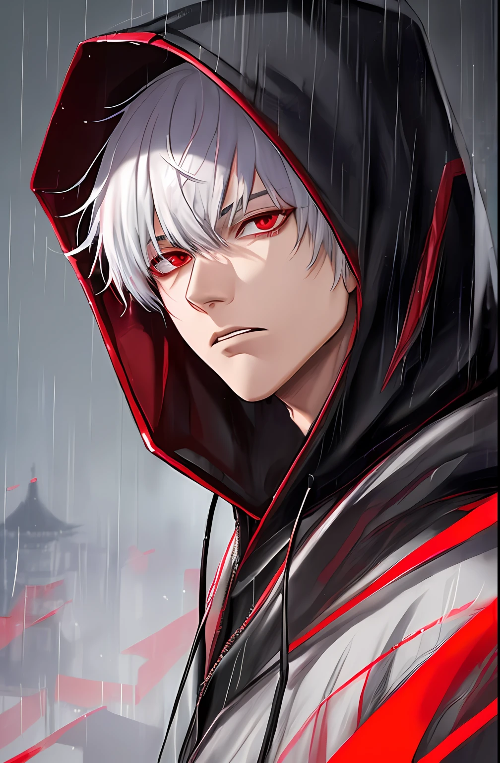 kk, best quality, more details, masterpiece, 1boy, kaneki ken, portrait, male focus, red eyes, solo, bangs, looking at viewer, hood, short hair, rain, tokyo tokyo \(city\), hood up, nail polish, white hair, luxurious, 8k, detailed, ray tracing, depth of field, cinematic lighting,