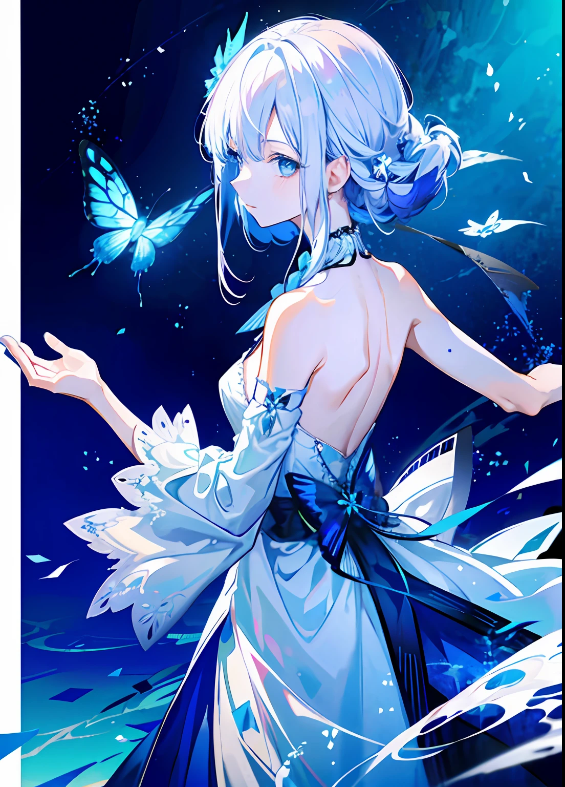 1girll, eBlue eyes, shift dresses, a blue dress, White hair,Flying blue butterflies, Riman, light particules, Keep one's mouth shut, inside in room, jewely, 无袖, bare shoulders, By bangs,beatiful detailed eyes, detailed back ground,