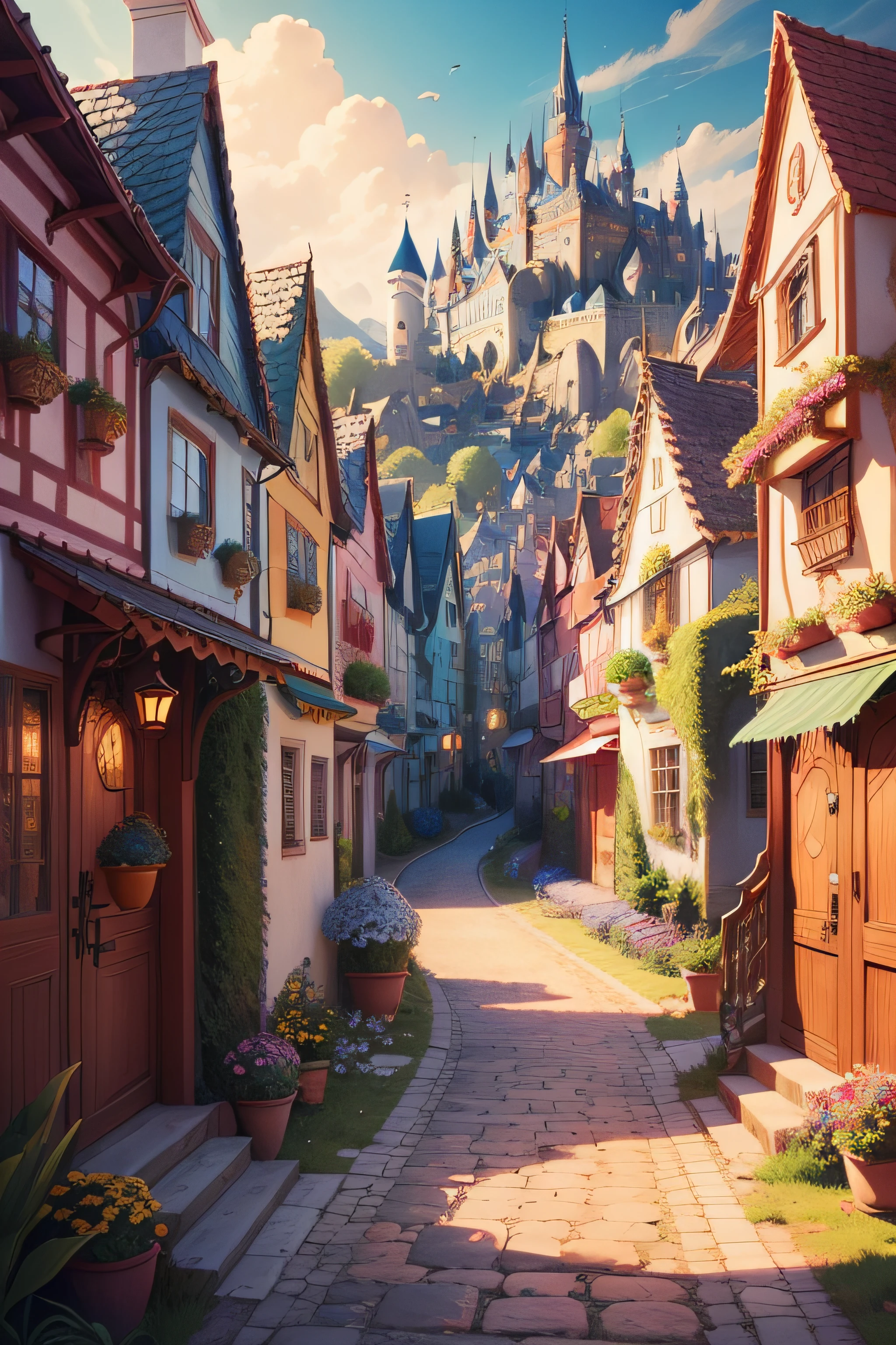 An illustration of the whimsical kingdom of Eldoria, with colorful houses, winding streets, and fantastical creatures roaming about.