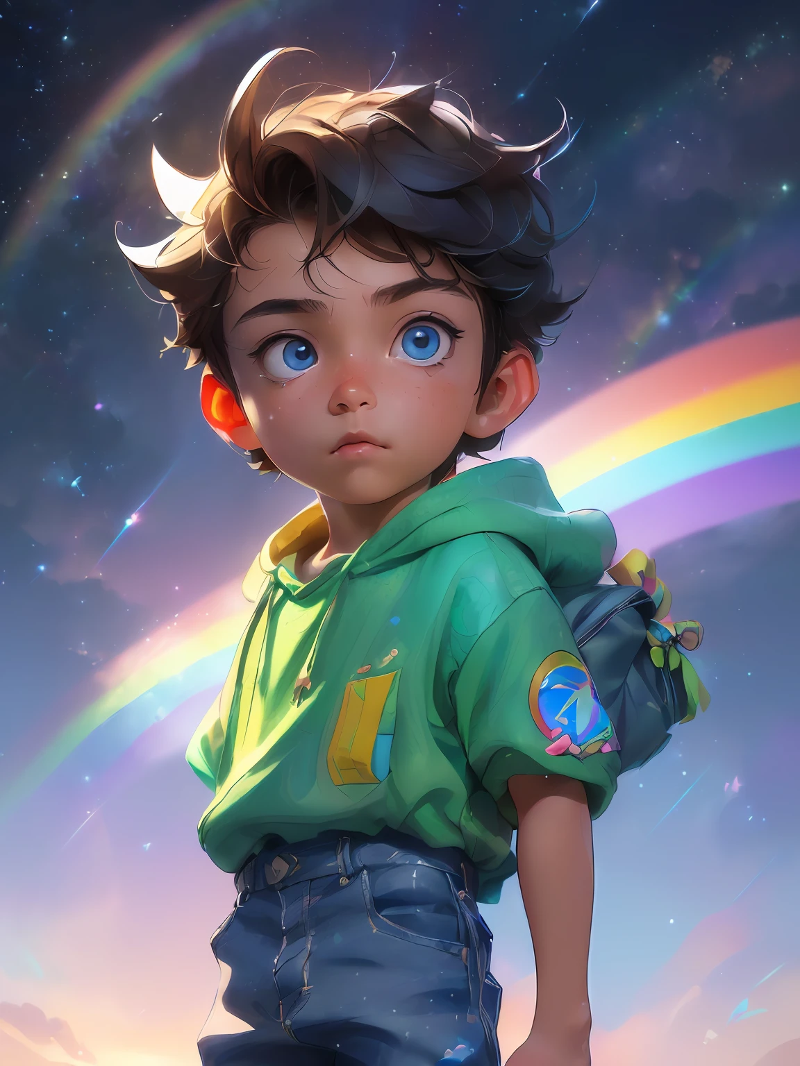 (((Rainbow Daytime Sky)), 10 years old boy, towards the future, masterpiece, highest quality, ((Photorealistic: 1.4)) Masterpiece, illustration, very delicate and beautiful, highly detailed CG, 8k wallpaper, amazing, fine detail, highly detailed CG Unity 8k wallpaper, huge file size, super detail, ultra high resolution, high resolution, very detail, (( Very detailed eyes and face)), beautiful detailed eyes, very detailed face, perfect lighting, face light, natural colors, ((10-year-old boy)), departure, (rough style with the whole body including both legs)), the future is bright, (((rainbow daytime sky)), lights from the front, glowing eyes,