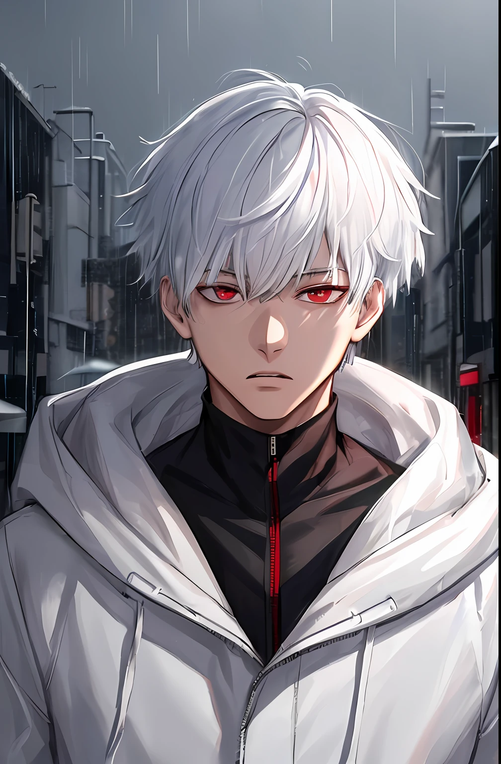 kk, best quality, more details, masterpiece, 1boy, kaneki ken, portrait, male focus, red eyes, solo, bangs, looking at viewer, hood, short hair, rain, tokyo tokyo \(city\),  hood up, nail polish, white hair, luxurious, 8k, detailed, ray tracing, depth of field, cinematic lighting,