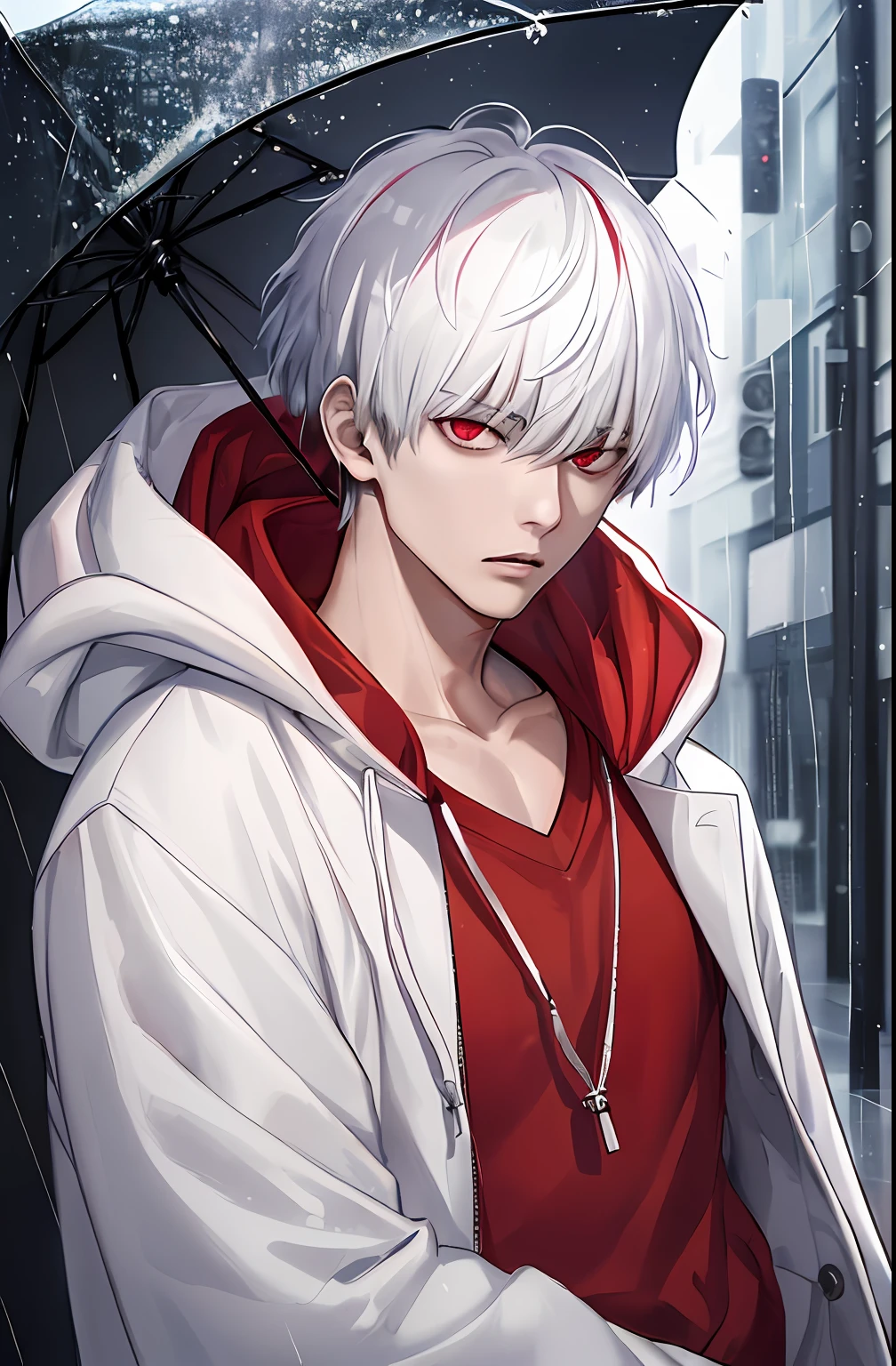 kk, best quality, more details, masterpiece, 1boy, kaneki ken, portrait, male focus, red eyes, solo, bangs, looking at viewer, hood, short hair, rain, tokyo tokyo \(city\),  hood up, nail polish, white hair, luxurious, 8k, detailed, ray tracing, depth of field, cinematic lighting,