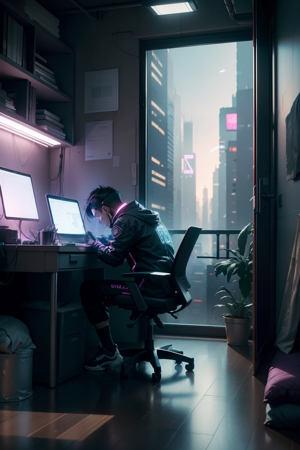(8K,best qualtiy,cyber punk perssonage,Mobile wallpaper scale),(A writer leans against a table next to his bed to conceive a manuscript,Outside the window, you can see the colorful cyberpunk city,The room is cluttered with furniture、clothings、electronic product,A sleeping black and white beaver cat