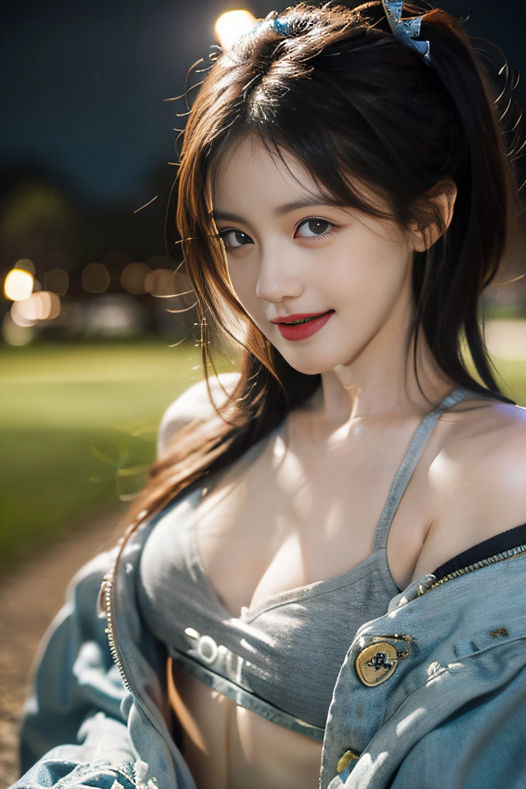 (Foto realism, Park at night, uma encantadora garota mostrando os seios, In a bra , radiant expression, corpo deliciosamente detalhado, belo sorriso, seios perfeitamente modelados)