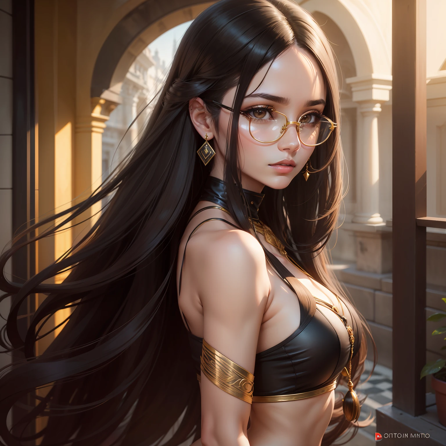 Best quality, realyst photograf, foto crua, only a woman, deusa style, pretty woman,ultra black long hair, cabelo ligeiramente ondulado, brown eyes using golden eyeglasses, olhar sexy,long face with long forehead, brunette woman style, goddess style