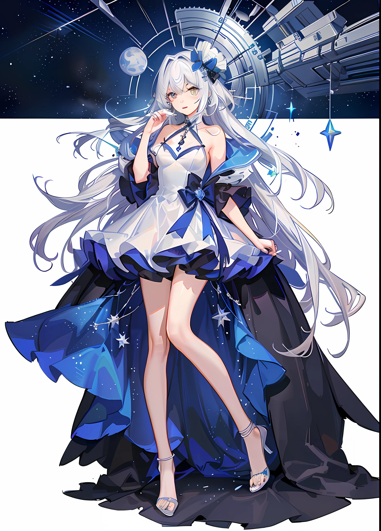 （tmasterpiece，best qualtiy：1.2），（Super meticulous），（illustratio），Wallpapers，Original，1girll，Messy white hair，thin shoulder strap，White dress，Bare legged，Barefoot，Bare arms，space，Earth background，Near-Earth orbit，full bodyesbian，（Surrounded by colorful splashes and dots），Colored bubbles，（Shiny），high-definition picture quality，Chroma contrast，Cosmic background map，dream magical