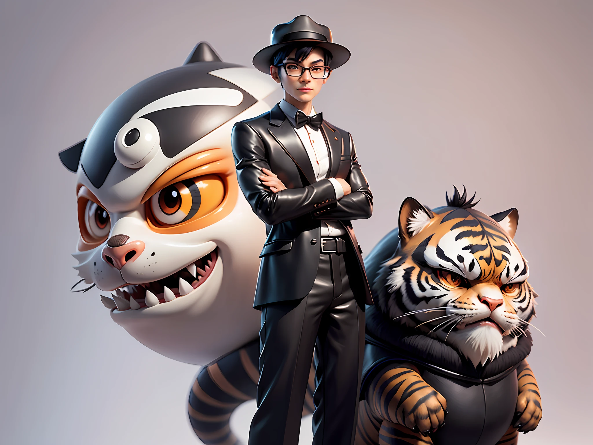 Young man with oriental face in leather hat, tiger, oriental face in formal suit, short black hair, silver glasses, digital painting, 3D character design by Mark Clairedon and Pixar and Hayao Miyazaki and Akira Toriyama, the illustration is a high-definition illustration in 4K resolution with very detailed facial features and cartoon-style visuals.