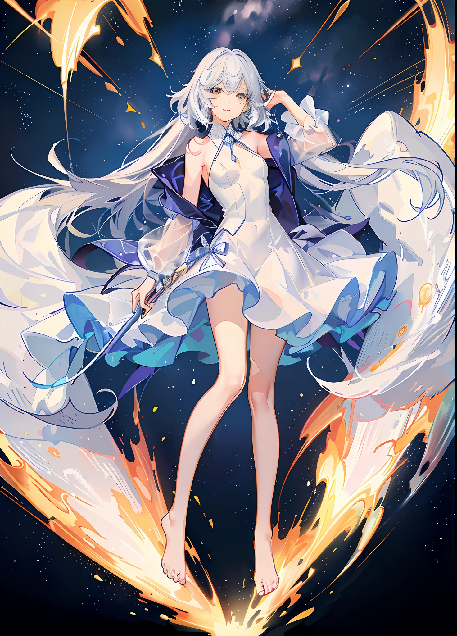 (tmasterpiece,best qualtiy:1.2),(Super meticulous),(illustratio),Wallpapers,Original,1girll,Messy white hair,thin shoulder strap,White dress,Bare legged,Barefoot,Bare arms,space,Earth background,Near-Earth orbit,full bodyesbian,(Surrounded by colorful splashes and dots),Colored bubbles,(Shiny),high-definition picture quality,Chroma contrast,Cosmic background map,dream magical