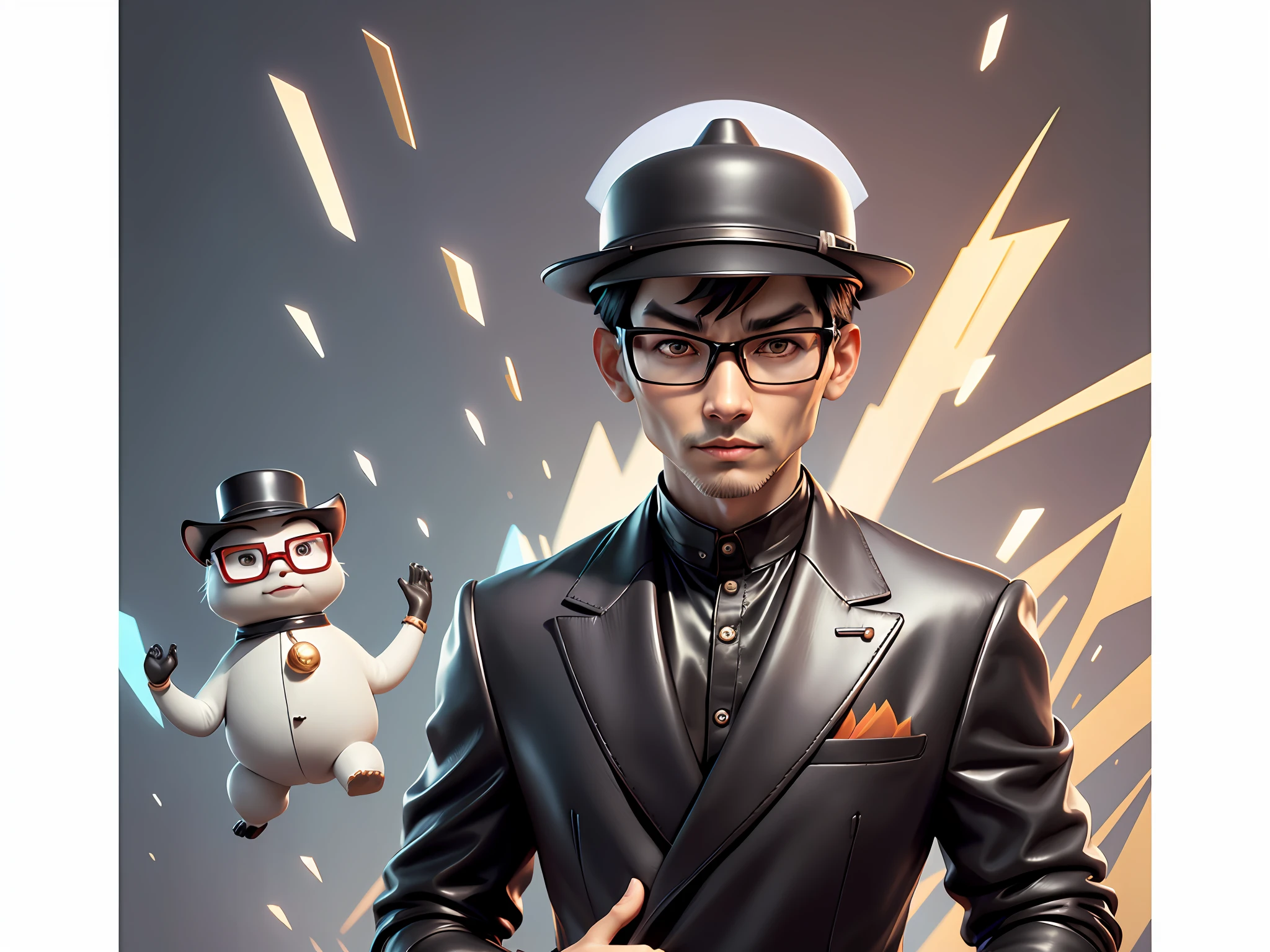 Young man with oriental face in leather hat, tiger, oriental face in formal suit, short black hair, silver glasses, digital painting, 3D character design by Mark Clairedon and Pixar and Hayao Miyazaki and Akira Toriyama, the illustration is a high-definition illustration in 4K resolution with very detailed facial features and cartoon-style visuals.