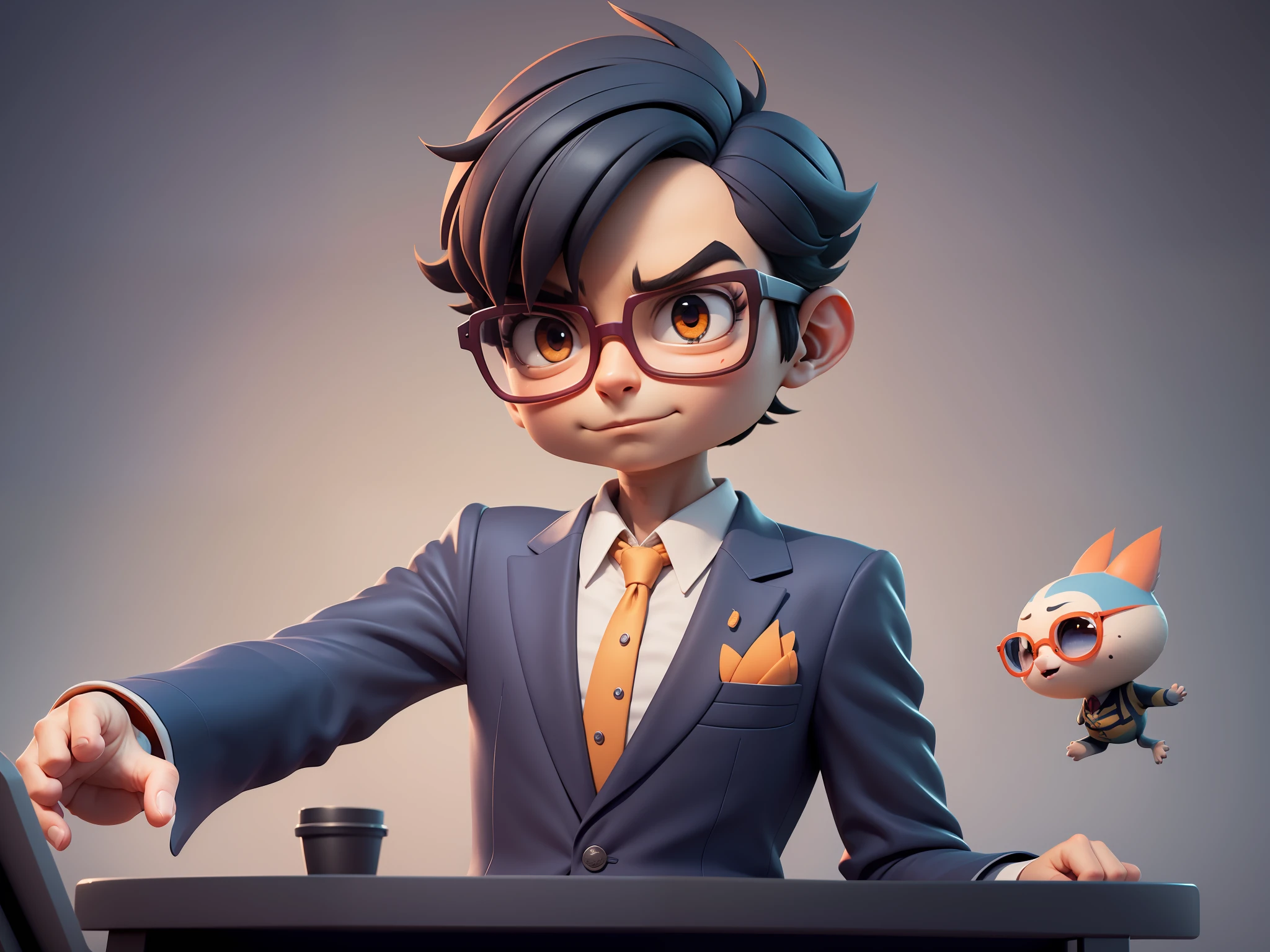 A young man in a suit, Short hair and glasses sat at his desk,holding laptop,digitial painting,tigre,3D character design by Mark Clairen and Pixar and Hayao Miyazaki and Akira Toriyama,4K HD illustration,Very detailed facial features and cartoon-style visuals。