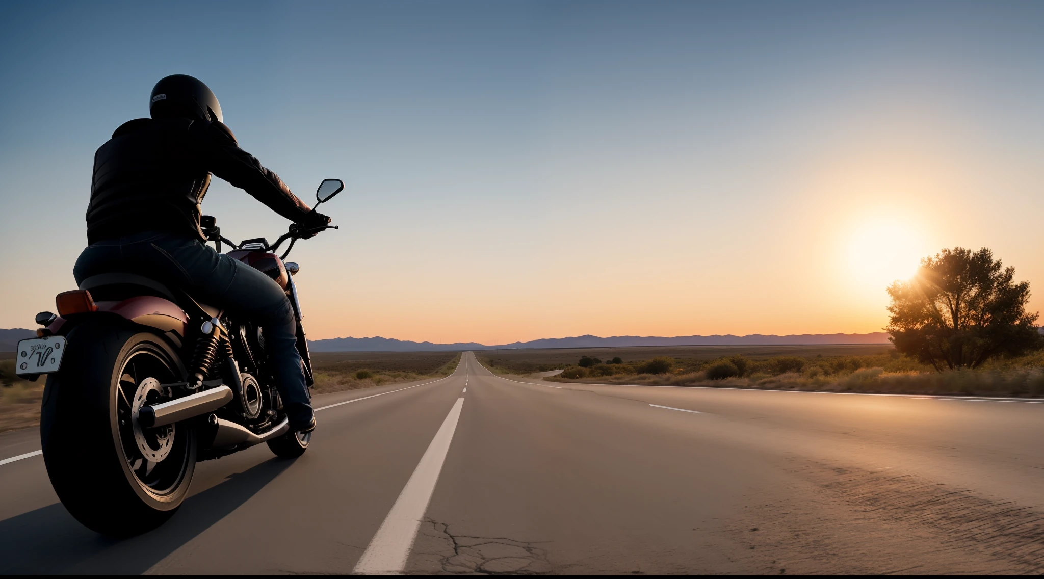 A lone person riding a motorcycle on the road, with the setting sun on the horizon. The scene is ultra-realistic, in 4K resolution.