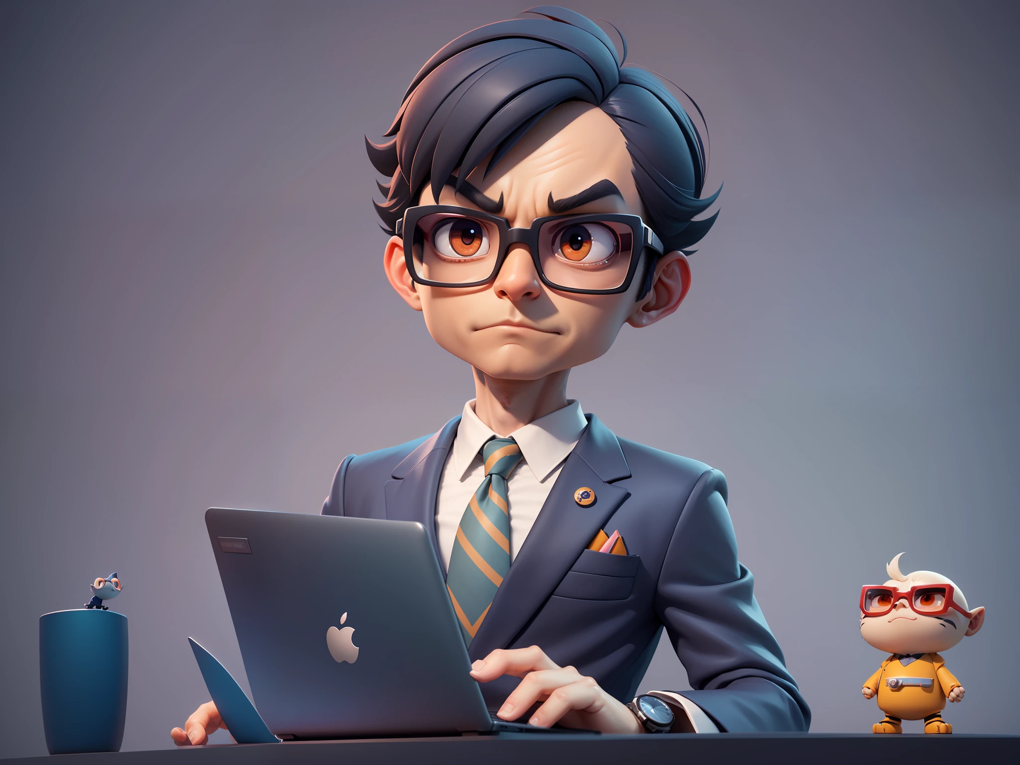 A young man in a suit, Short hair and glasses sat at his desk，holding laptop，digitial painting，tigre，3D character design by Mark Clairen and Pixar and Hayao Miyazaki and Akira Toriyama，4K HD illustration，Very detailed facial features and cartoon-style visuals。