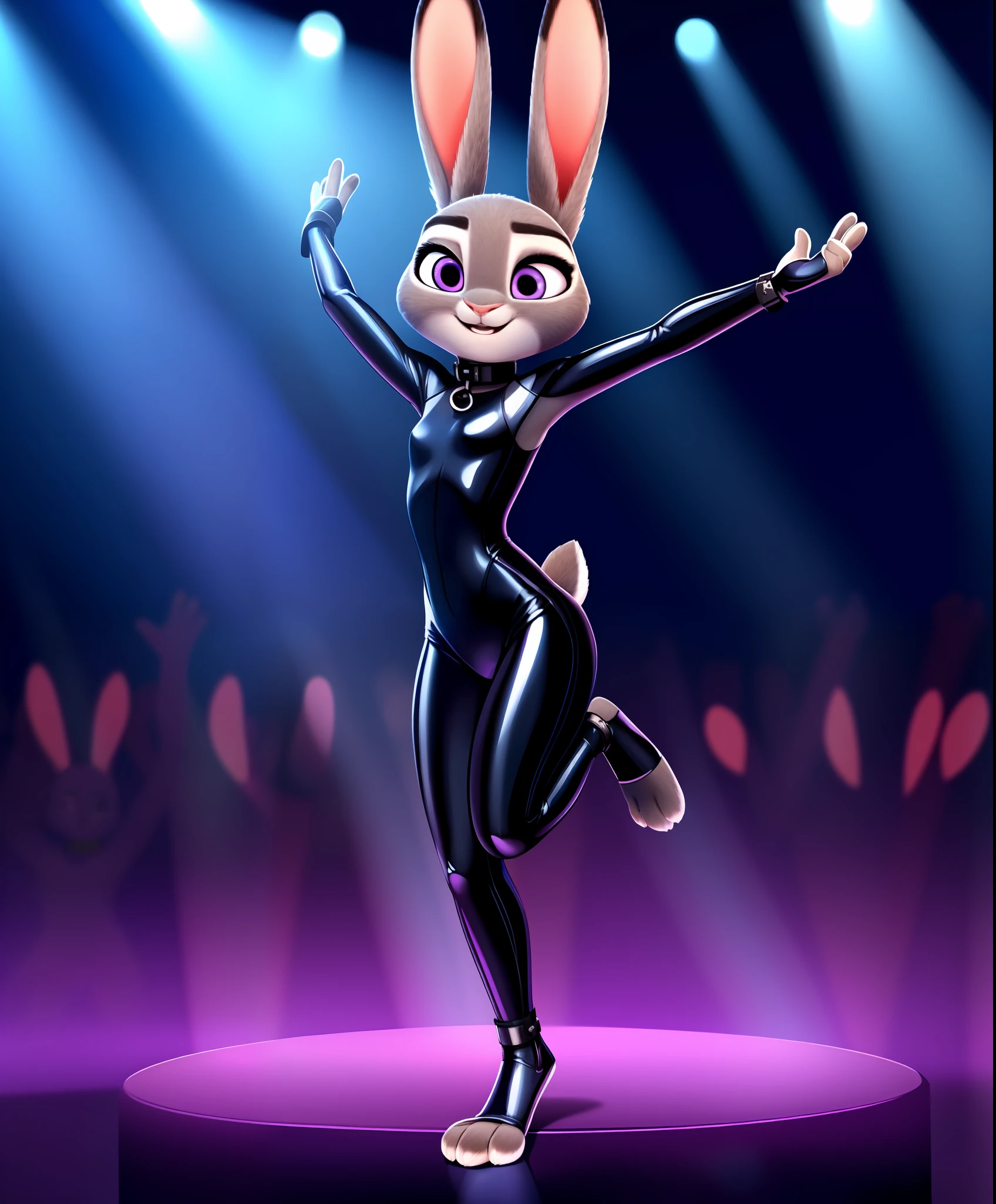 female, (Detailed face), (solo:1.1), (more details:1.1), ((anthro, humanoid)), [(thin:1.1) : small petite : (Judy rabbit:1.2):4], (Detailed face), (anthropomorphic legs, anthropomorphic hands:1.1), (solo), small breasts, tight latex gimpsuit, dancing in nightclub, leather collar, light rays, complex detail