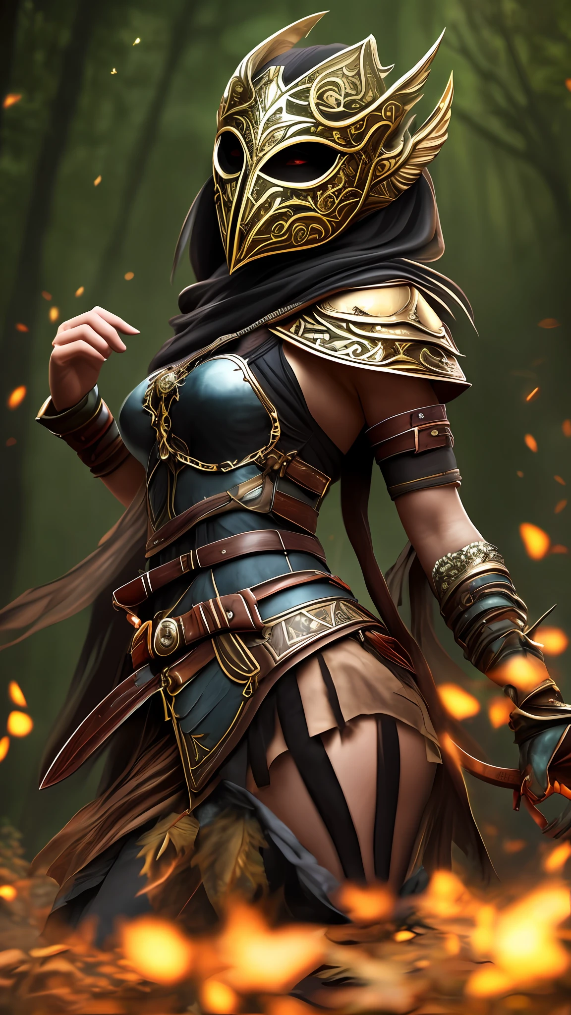 Within an enchanted forest shrouded in mist, a fierce and enigmatic female assassin warrior stalks her prey. Her attire is a masterful blend of form and function – black leather armor expertly crafted to provide both protection and agility. A skull mask, adorned with intricately etched patterns, conceals her identity while reflecting the ambient moonlight. Around her waist, a belt of pouches holds an assortment of deadly tools, while twin short swords hang at her sides. As moonbeams pierce through the dense canopy, they illuminate the forest floor with an ethereal glow, casting long shadows that dance with her every movement. Her intense gaze is fixed on a distant target, a hint of danger and determination radiating from her as she navigates the forest with the skill of a predator. hyper resolution, raytracing lighting, ultra realistic, 8K --auto --s2