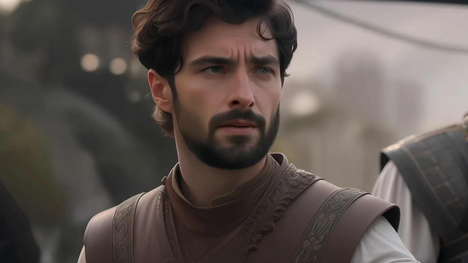 um homem com barba e colete de couro em frente a uma tenda, Espinhos, maximus jacobs, Paulo Atreides, Mateus Bento, Ledmund Leighton, Paul Atreides como Imperador de Duna, inspirado em Rajmund Kanelba, como um personagem de fantasia medieval, dado, Tim, Beksinsky, Arsen Lupin como um paladino