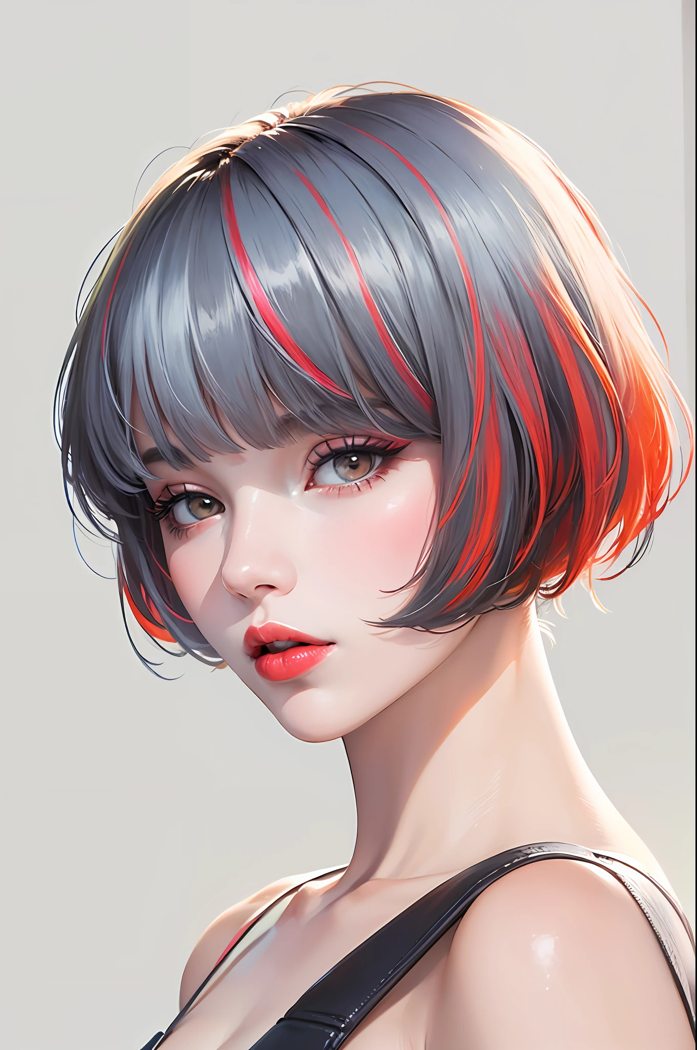 1girl, solo, upper body, looking at viewer, white background, bob cut, short hair, multicolored hair, makeup, parted lips, red lips, eyeliner,