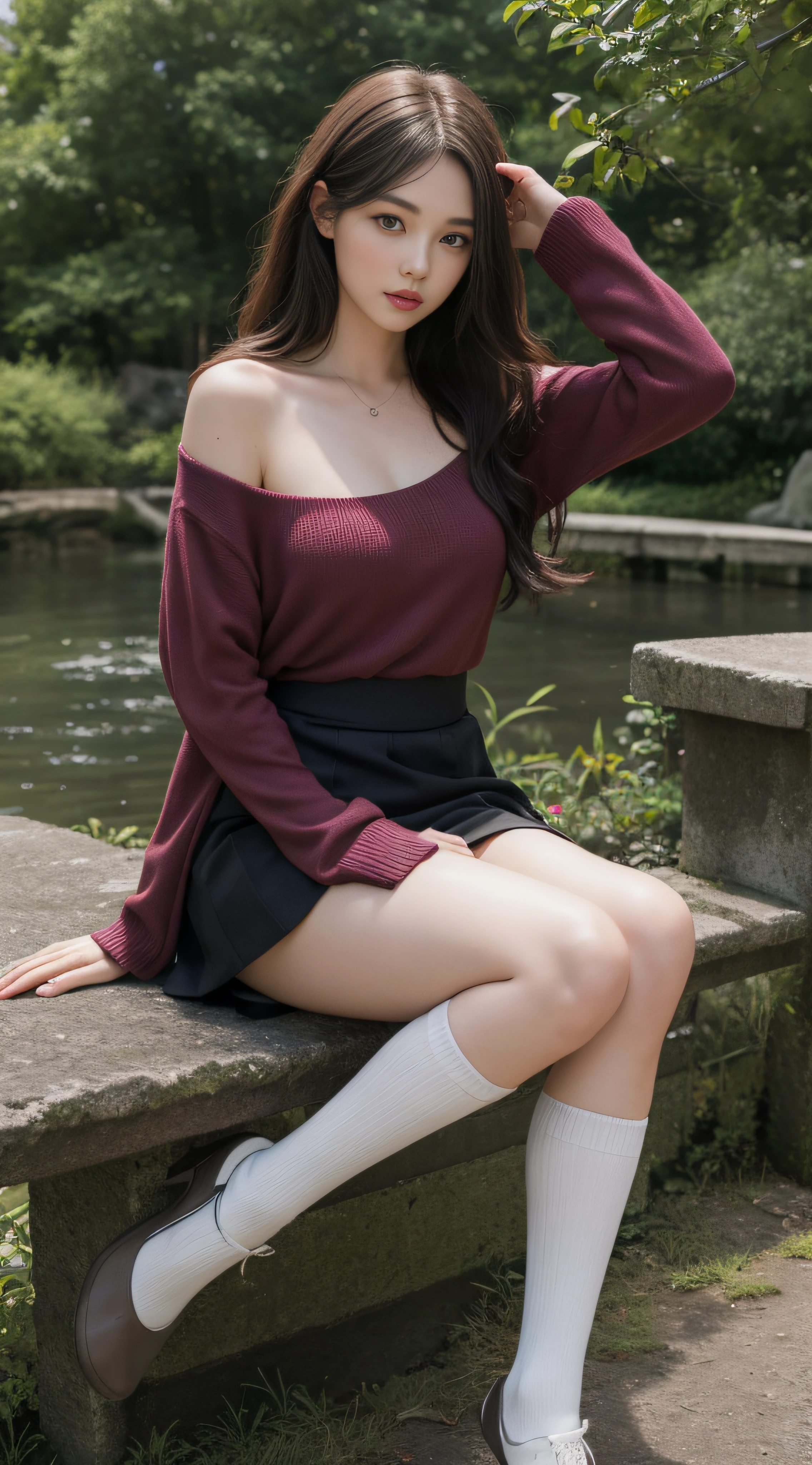 best qualtiy, Full body like，Refined face，pretty  face，25 years old woman，slimfigure，Smaller bust，Harnes，Calf socks，Keep your legs together，Outdoor Scene，Sit Pose