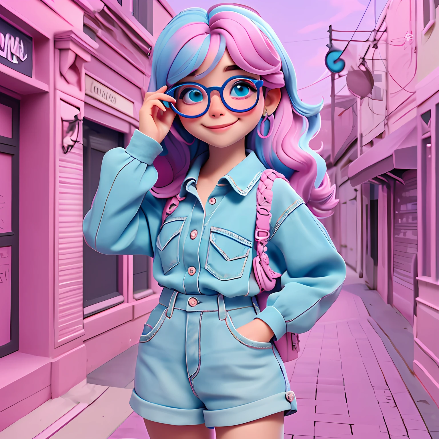 uma **** ******, eyeglass, lacing, Your hair is stuck,, tom preto e azul, moleton, capuz, corpo inteiro, The background is filled with a pastel shade, evoking a sense of lightness and happiness.