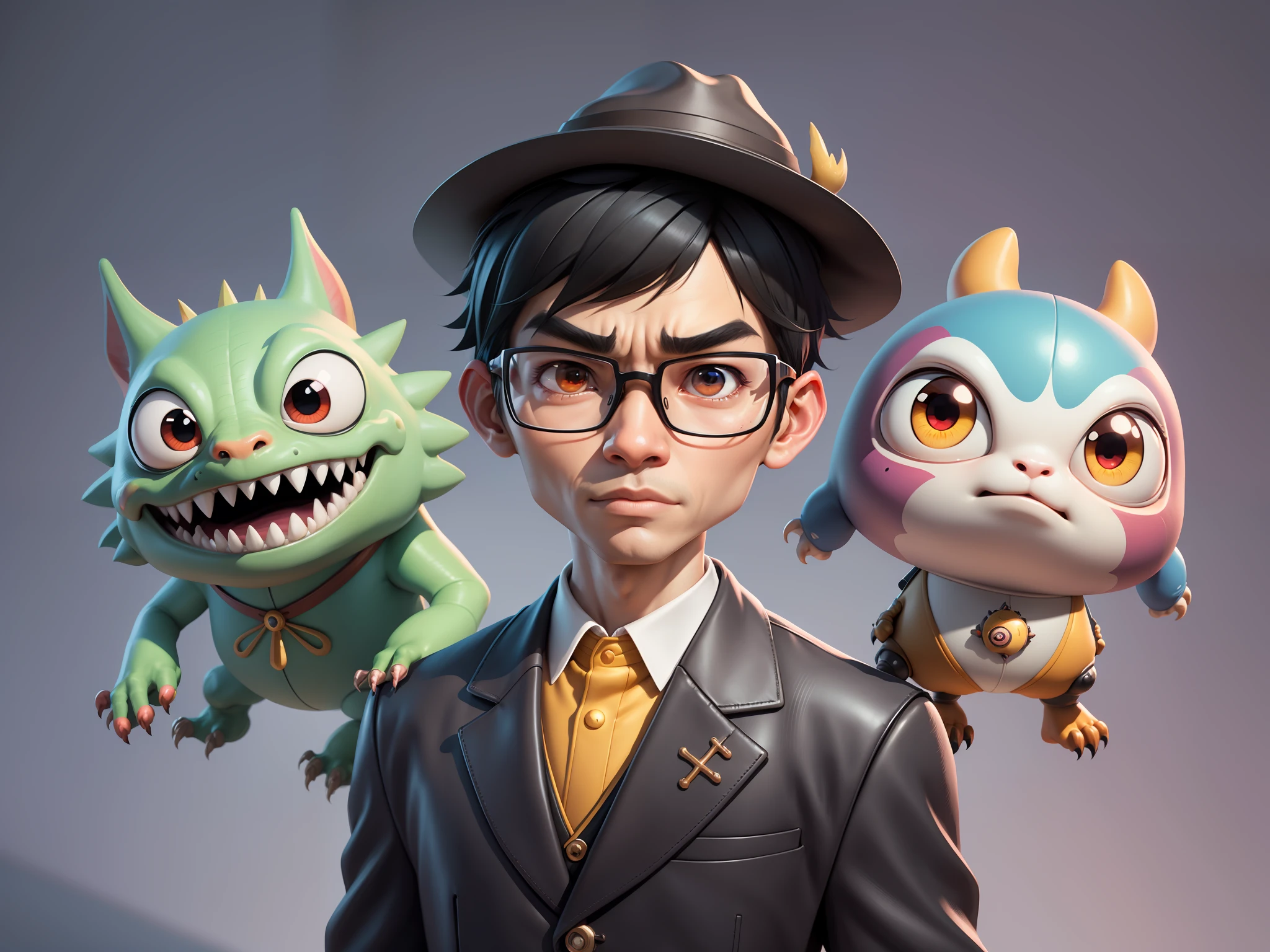 Young man with oriental face in leather hat, dragon, formal suit, short black hair, silver glasses, digital painting, 3D character design by Mark Clairedon and Pixar and Hayao Miyazaki and Akira Toriyama, the illustration is a high-definition illustration in 4K resolution with very detailed facial features and cartoon-style visuals.