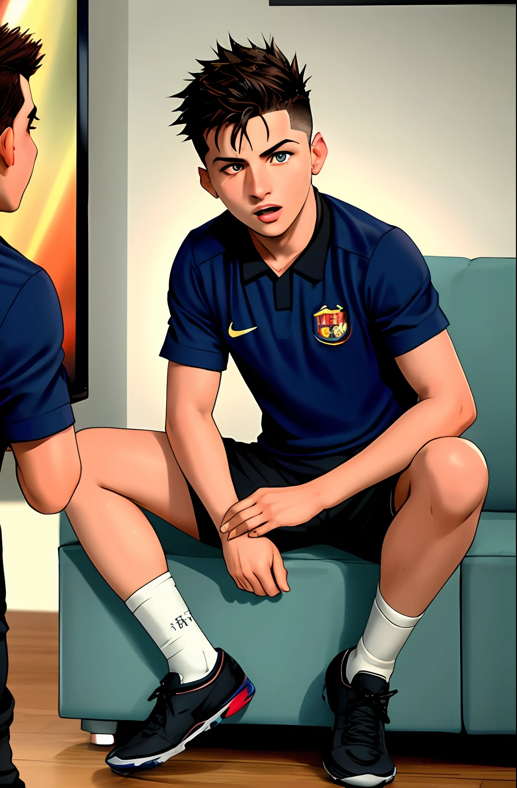 Orphan boy with spiky dark hair and eyes full of passion watching on TV Ronaldo and Messi