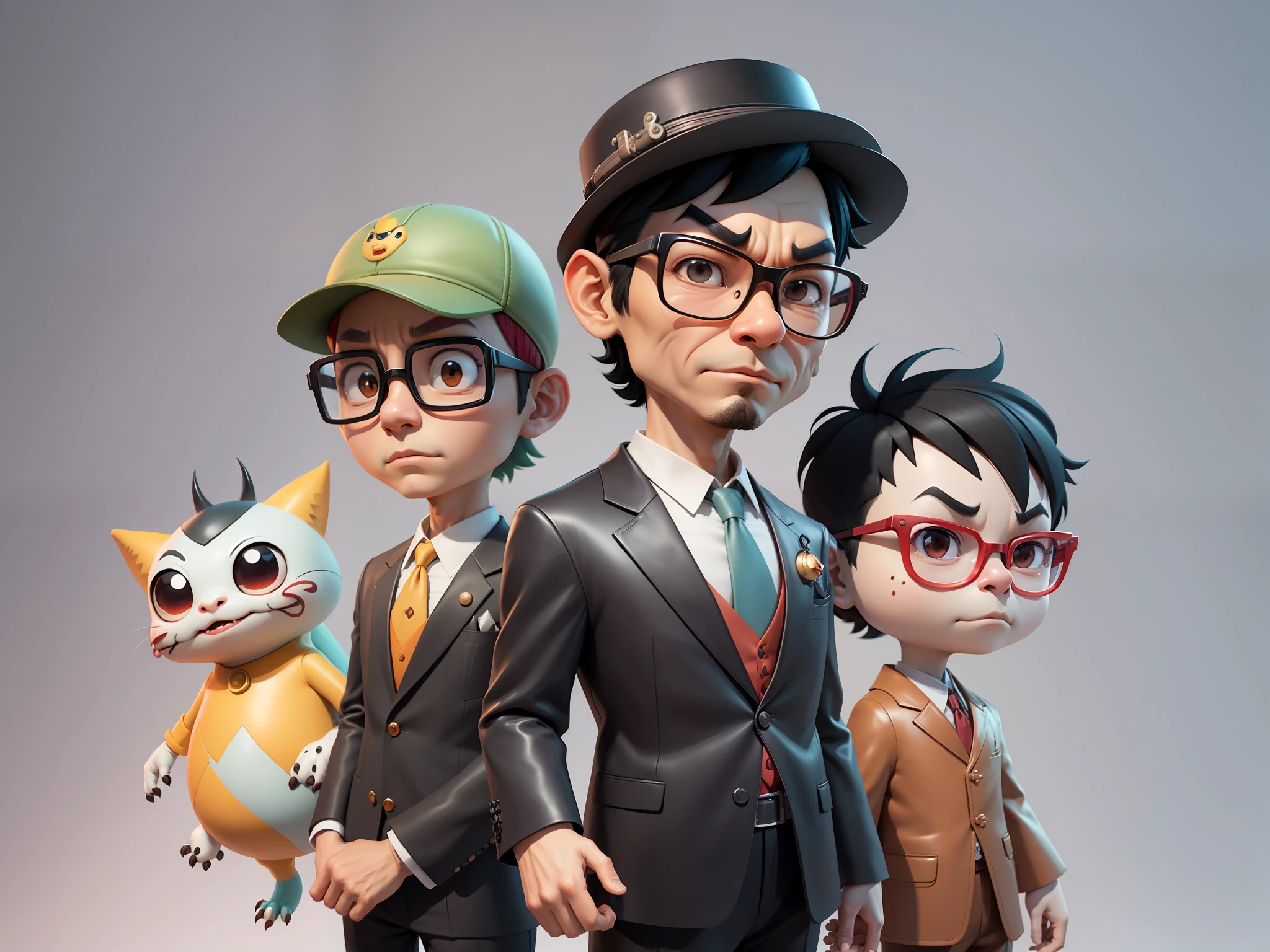 Young man with oriental face in leather hat, dragon, formal suit, short black hair, silver glasses, digital painting, 3D character design by Mark Clairedon and Pixar and Hayao Miyazaki and Akira Toriyama, the illustration is a high-definition illustration in 4K resolution with very detailed facial features and cartoon-style visuals.