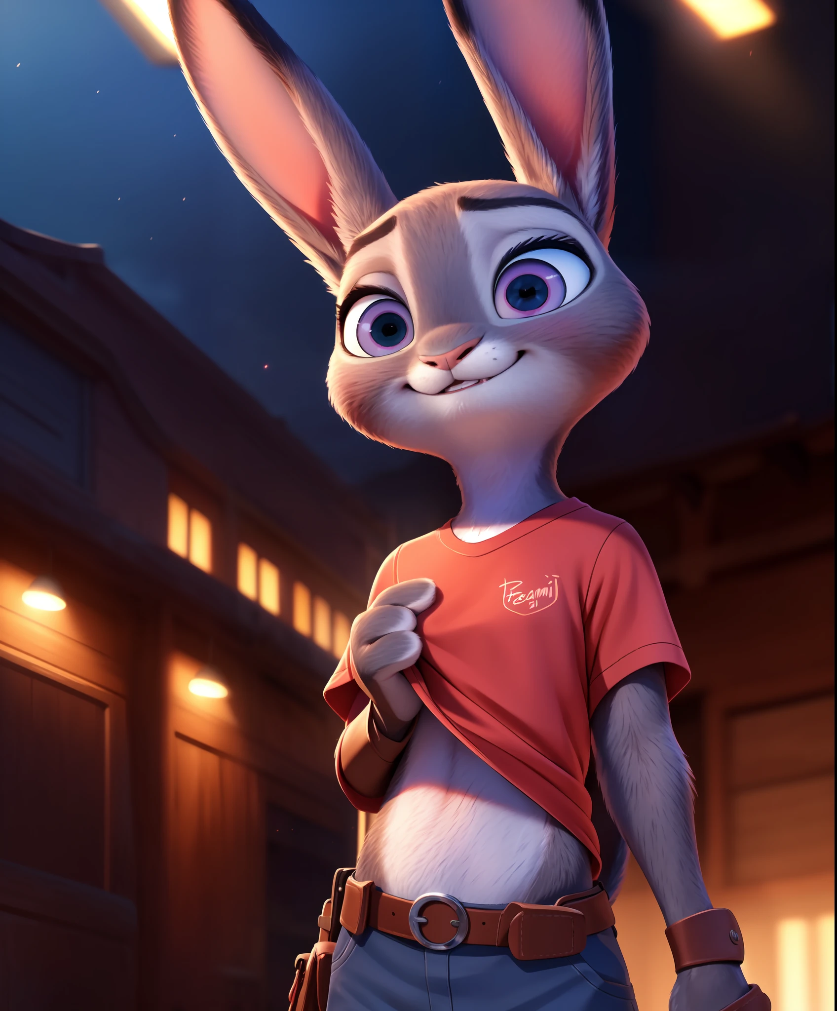 (uploaded on e621,8k, RAW photo,high resolution,high quality), ((masterpiece)), female, ((slim judy hopps)), (wear shirt and bottomless), (front view), (tail) (cinematic lighting), backlighting, (shaded), detailed background, by dagasi, (by personalami), [by Ruan Jia],, (Nick Wilde), photorealistic, hyperrealistic,