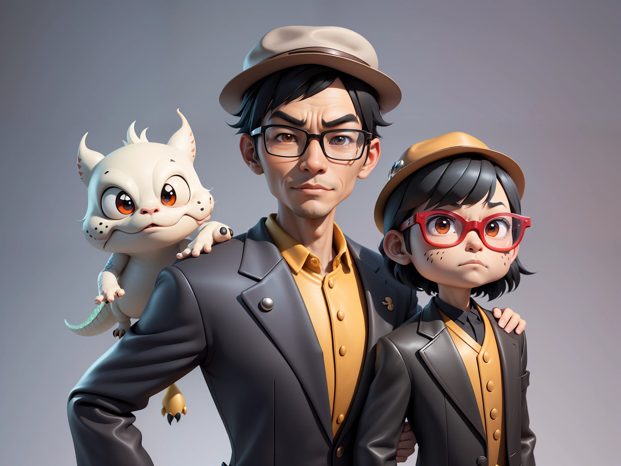 Young man with oriental face in leather hat, dragon, formal suit, short black hair, silver glasses, digital painting, 3D character design by Mark Clairedon and Pixar and Hayao Miyazaki and Akira Toriyama, the illustration is a high-definition illustration in 4K resolution with very detailed facial features and cartoon-style visuals.