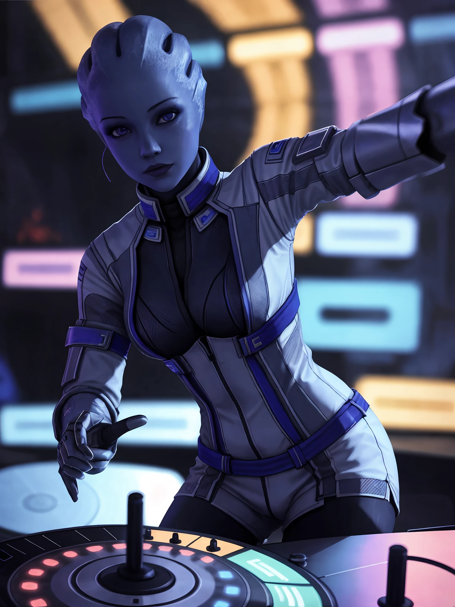 masseffectliara a DJ, showcasing her skills on the turntables at a vibrant rave."