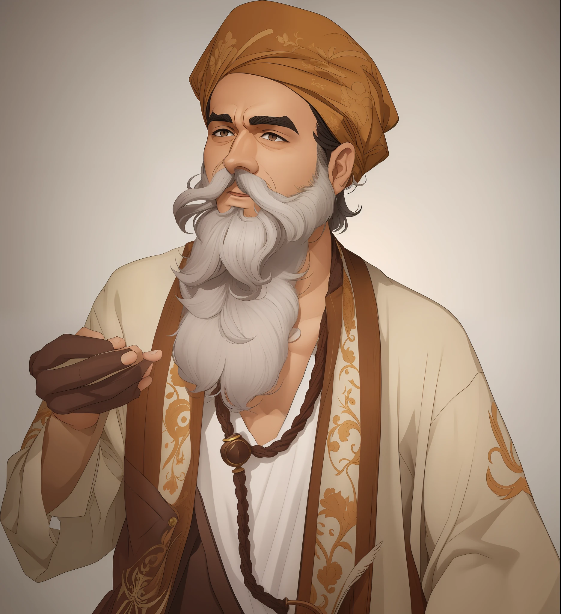 Barba branca, estilo anime, estilo desenho animado, roupa toda branca.