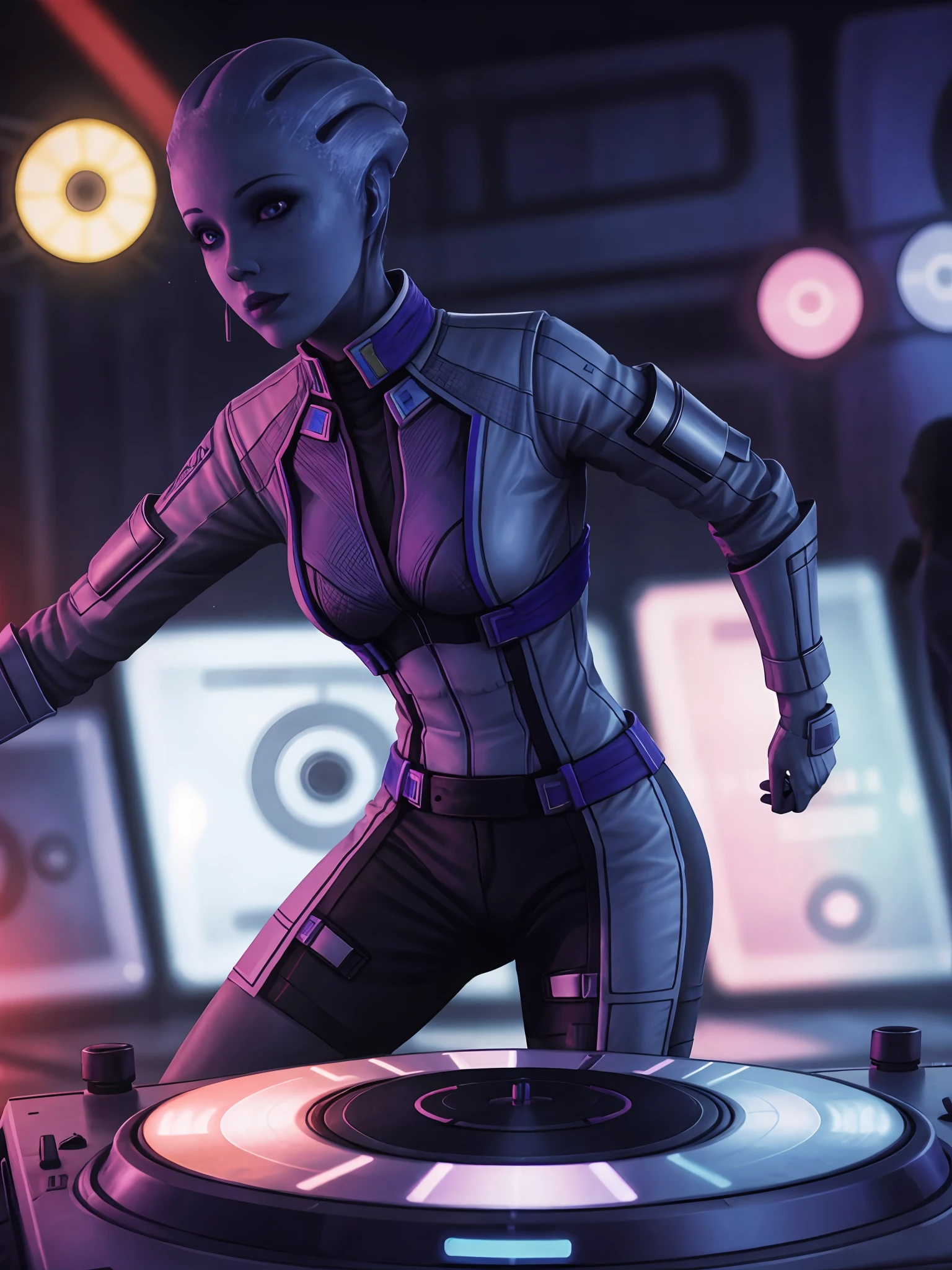 masseffectliara a DJ, showcasing her skills on the turntables at a vibrant rave."