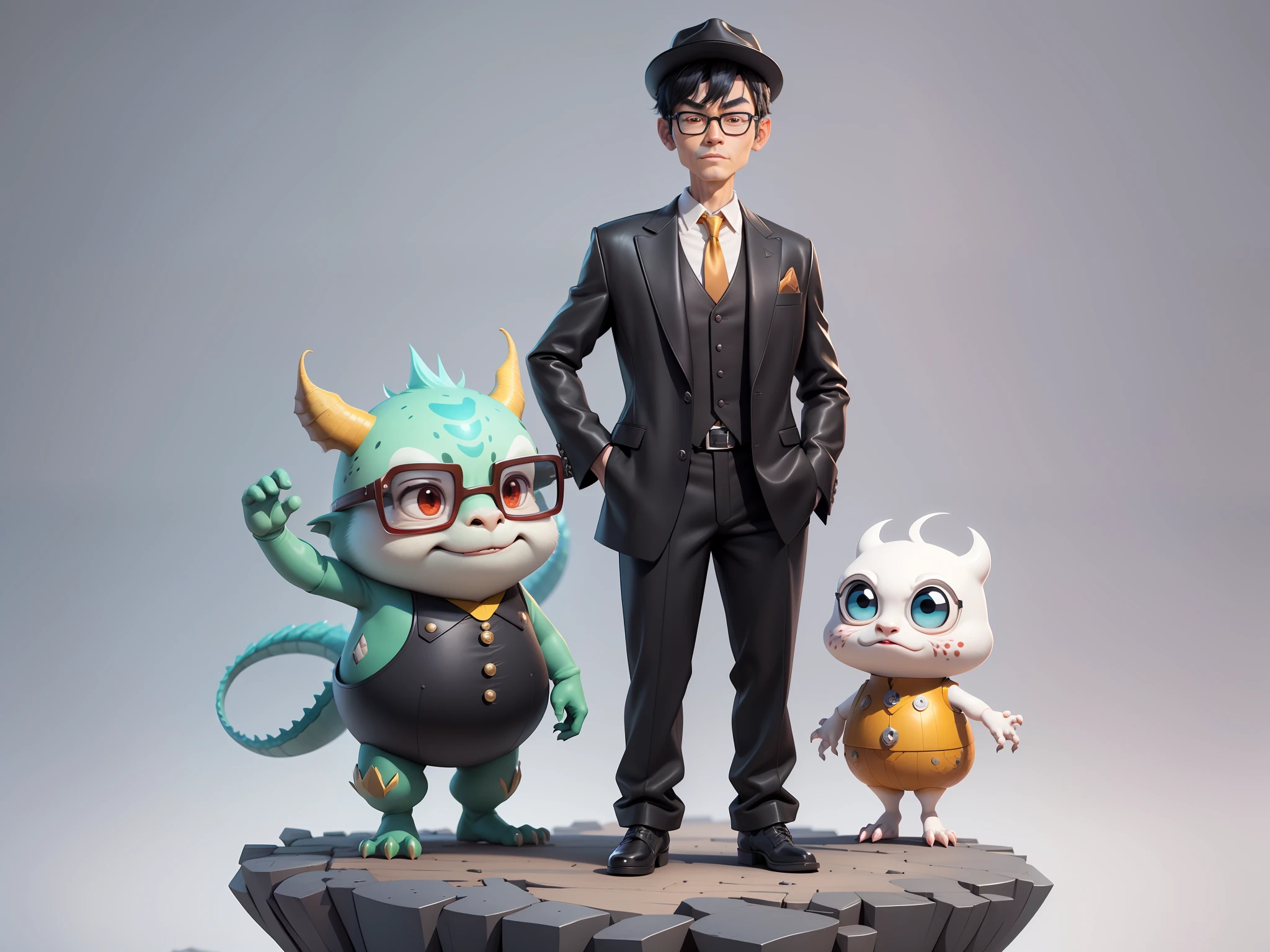 Young man with oriental face in leather hat, dragon, formal suit, short black hair, silver glasses, digital painting, 3D character design by Mark Clairedon and Pixar and Hayao Miyazaki and Akira Toriyama, the illustration is a high-definition illustration in 4K resolution with very detailed facial features and cartoon-style visuals.