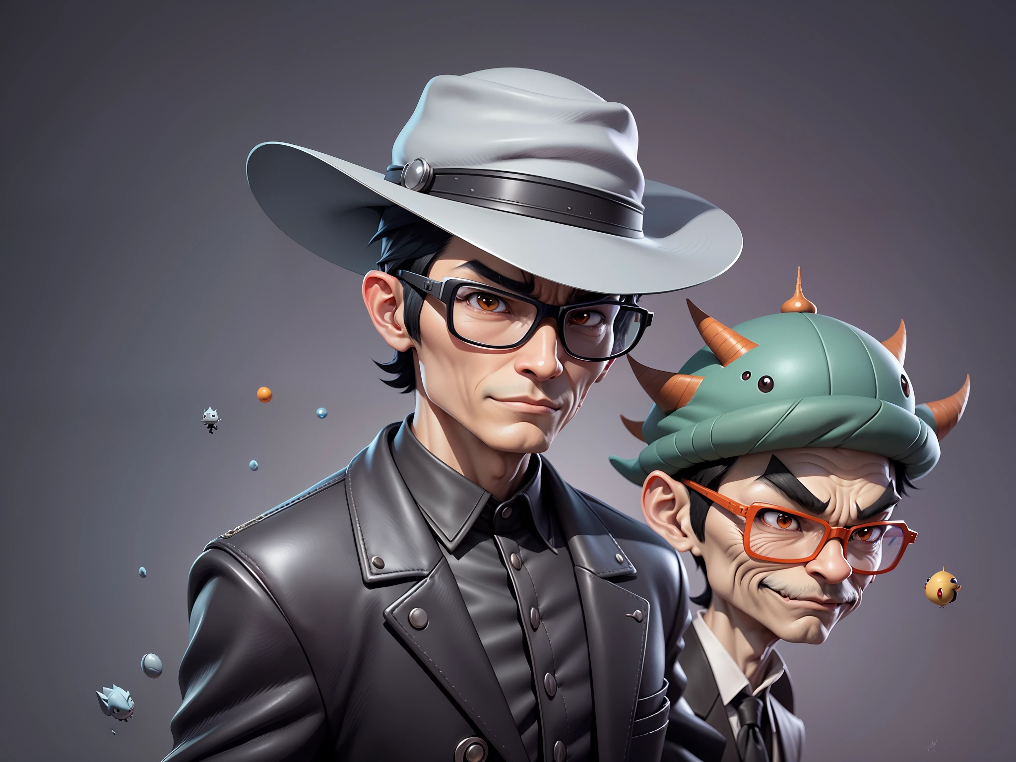 Young man with oriental face in leather hat, dragon, formal suit, short black hair, silver glasses, digital painting, 3D character design by Mark Clairedon and Pixar and Hayao Miyazaki and Akira Toriyama, the illustration is a high-definition illustration in 4K resolution with very detailed facial features and cartoon-style visuals.