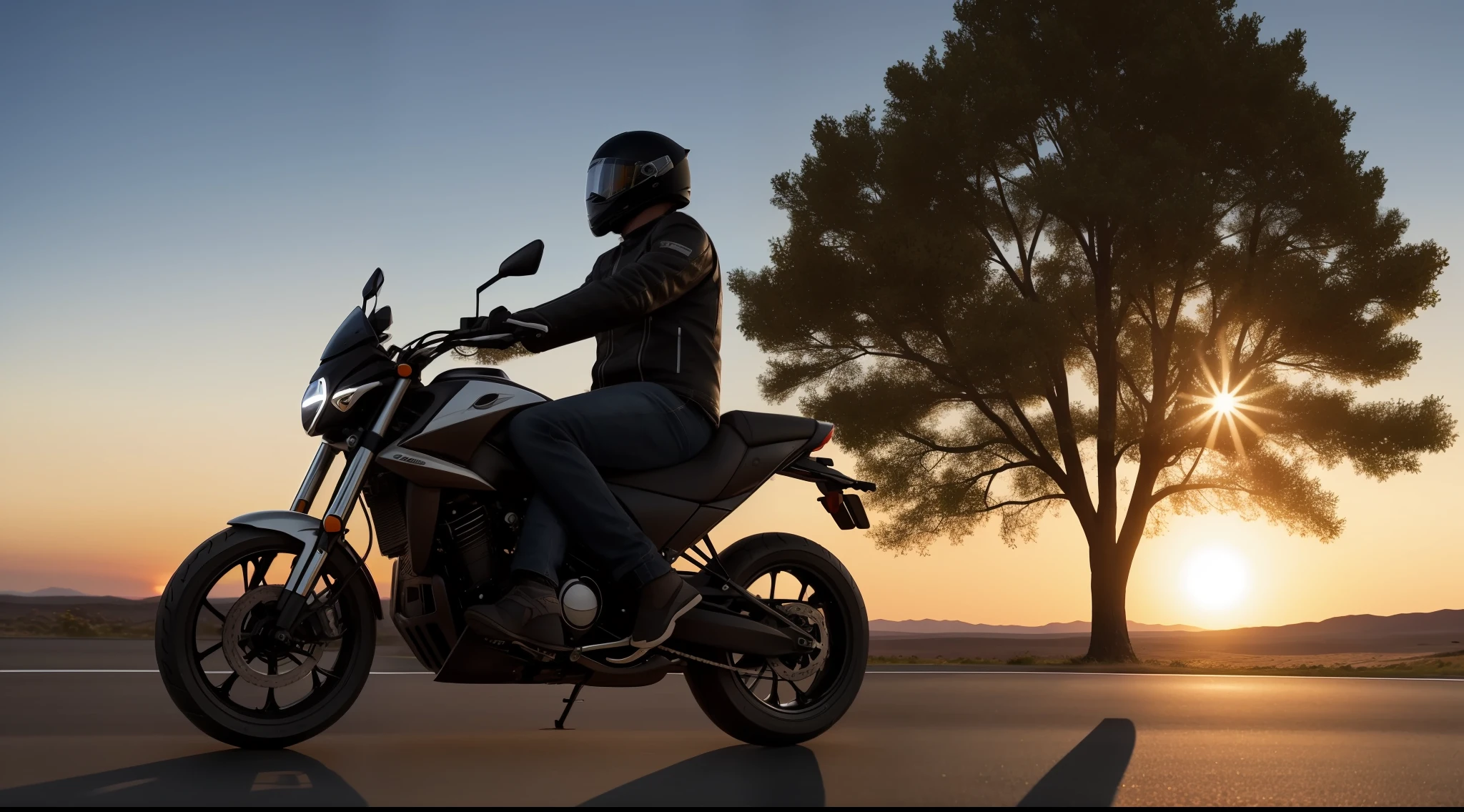 A lone person riding a motorcycle on the road, with the setting sun on the horizon. The scene is ultra-realistic, in 4K resolution.