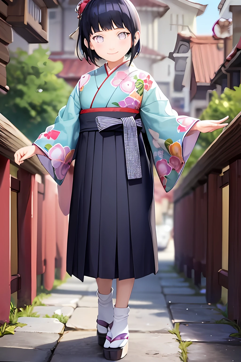 hakama skirt, 1girl, solo, outdoor, cute japanese model girl, floral print, hair ornament, kimono, hakama, bangs, masterpiece, best quality, purple eyes, dark blue hair, pixie short hair, blunt bangs, smile, cute, pretty, beautiful, detailed character, hinata, child, toddler, small, chibi