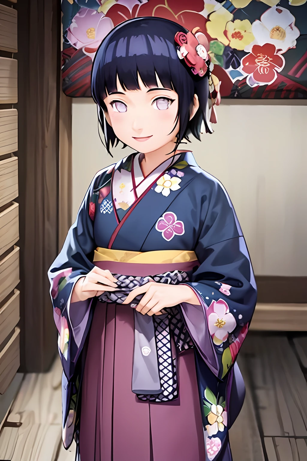 hakama skirt, 1girl, solo, outdoor, cute japanese model girl, floral print, hair ornament, kimono, hakama, bangs, masterpiece, best quality, purple eyes, dark blue hair, pixie short hair, blunt bangs, smile, cute, pretty, beautiful, detailed character, hinata, , toddlll, chibi