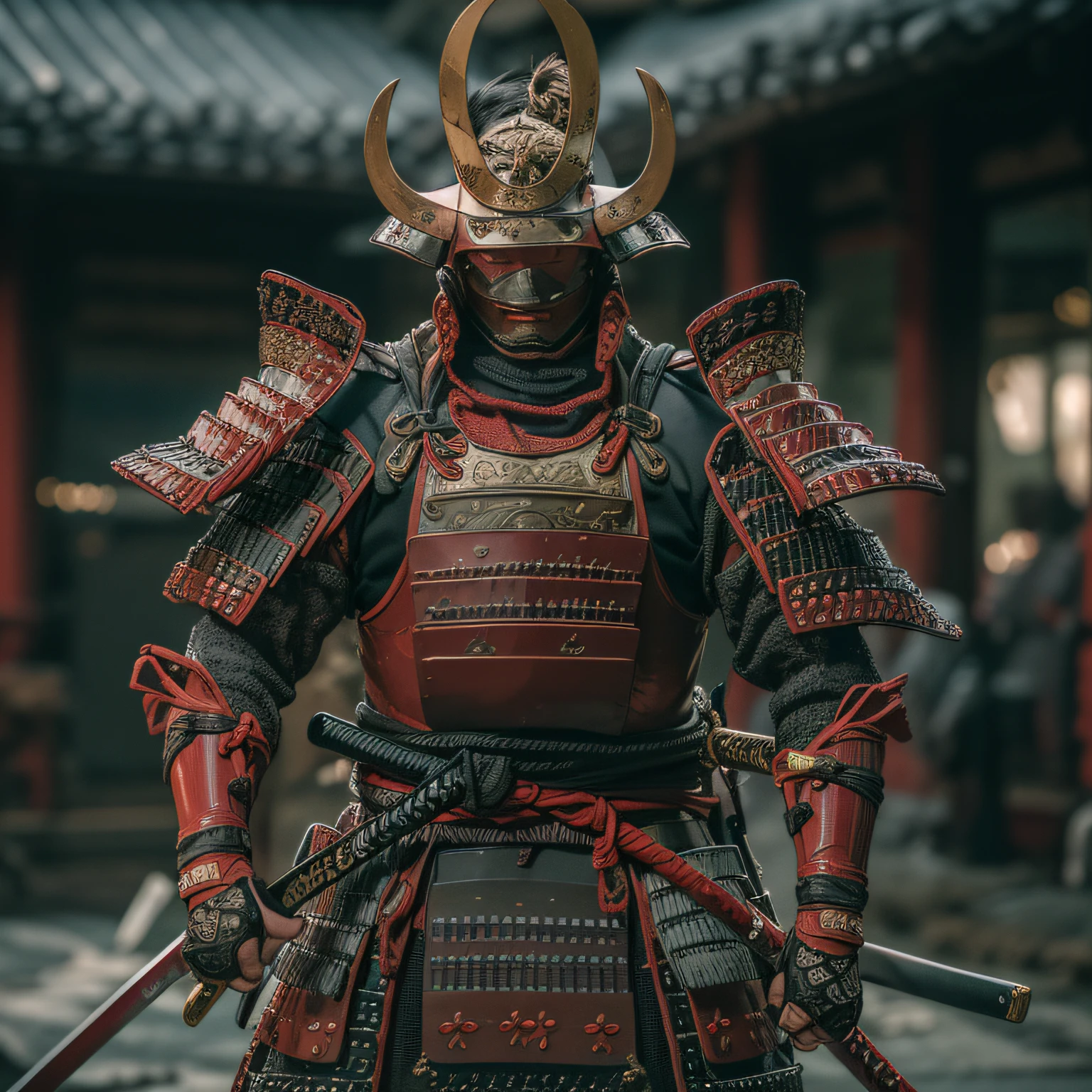 (masterpiece, ultra-high resolution:1.4), (photo of a sengoku daimyo samurai branding a katana with cuirass and helmet:1.3), katana on both hands, face highly detailed, (japanese heritage samurai armor and helm), (tall stature and muscular body:1.4), (Sony Alpha 1 camera, renowned for capturing the highest level of detail in a photo:1.3), (the samurai's face with perfect symmetry and flawless features:1.2), (black and red armor and helmet:1.3), (standing with a commanding presence amidst the battlefield:1.1), emphasize of the daimyo armor, Cinematic, Hyper-detailed, insane details, Beautifully color graded, Unreal Engine, DOF, Super-Resolution, Megapixel, Cinematic Lightning, Anti-Aliasing, FKAA, TXAA, RTX, SSAO, Post Processing, Post Production, Tone Mapping, CGI, VFX, SFX, Insanely detailed and intricate, Hyper maximalist, Hyper realistic, Volumetric, Photorealistic, ultra photoreal, ultra-detailed, intricate details, 8K, Super detailed, Full color, Volumetric lightning, HDR, Realistic, Unreal Engine, 16K, Sharp focus, Octane render