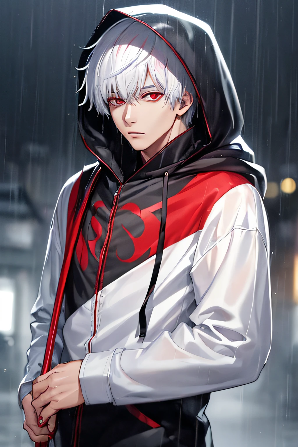 kk, best quality, more details, masterpiece, 1boy, kaneki ken, portrait, male focus, red eyes, solo, bangs, looking at viewer, hood, short hair, rain, tokyo tokyo \(city\), hood up, nail polish, white hair, luxurious, 8k, detailed, ray tracing, depth of field, cinematic lighting,