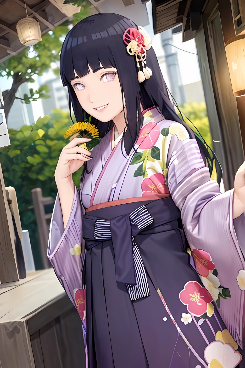 hakama skirt, 1girl, solo, outdoor, cute japanese model girl, floral print, hair ornament, kimono, hakama, bangs, masterpiece, best quality, purple eyes, dark blue hair, long hair, blunt bangs, smile, cute, pretty, beautiful, detailed character