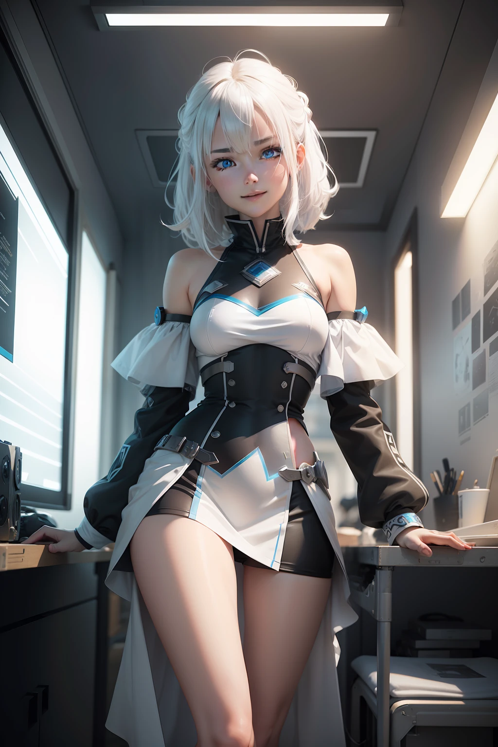 White background, Attractive Blue Eyes, Anime, shoulder length messy hair, White hair, Happy smile, Full body, Women's miniskirts, beautiful anime style girl, hyper detailed painting, luminism, 4K resolution, , 3d rendered, Octane Render, Intricately detailed , Cinematic, trending on artstationh, Ultra-realistic cover photo with isometric center, hit definition , Cinematic, bold lines, On paper