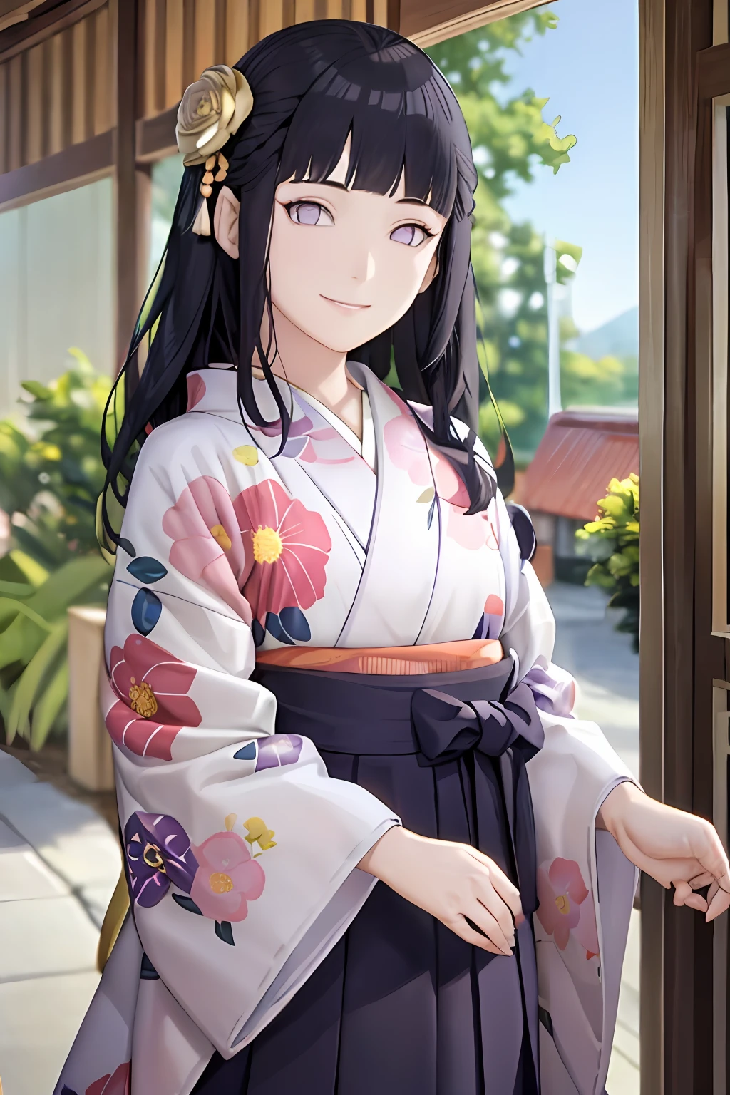 hakama skirt, 1girl, solo, outdoor, cute japanese model girl, floral print, hair ornament, kimono, hakama, bangs, masterpiece, best quality, purple eyes, dark blue hair, long hair, blunt bangs, smile, cute, pretty, beautiful, detailed character