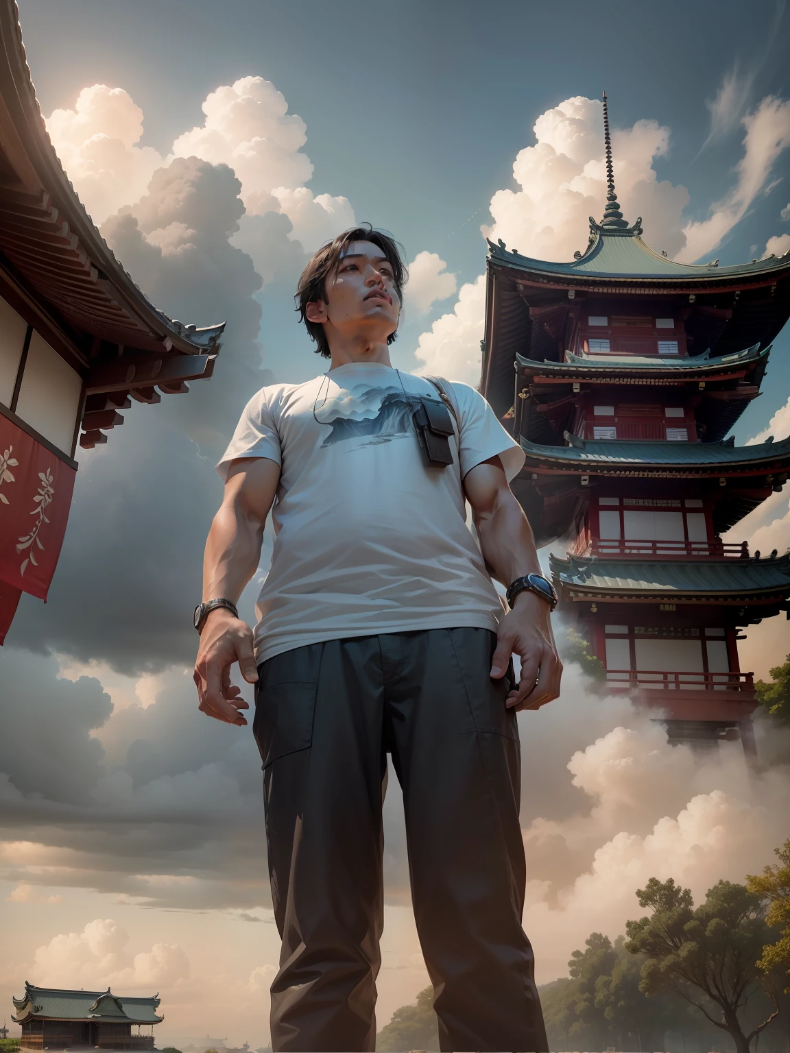 (masterpiece),(high quality), best quality, real,(realistic), super detailed, (full detail),(4k),8k,no humans, scenery, outdoors, sky, cloud, architecture, day, east asian architecture, tree, shrine, blue sky, building, stairs, cloudy sky, lantern