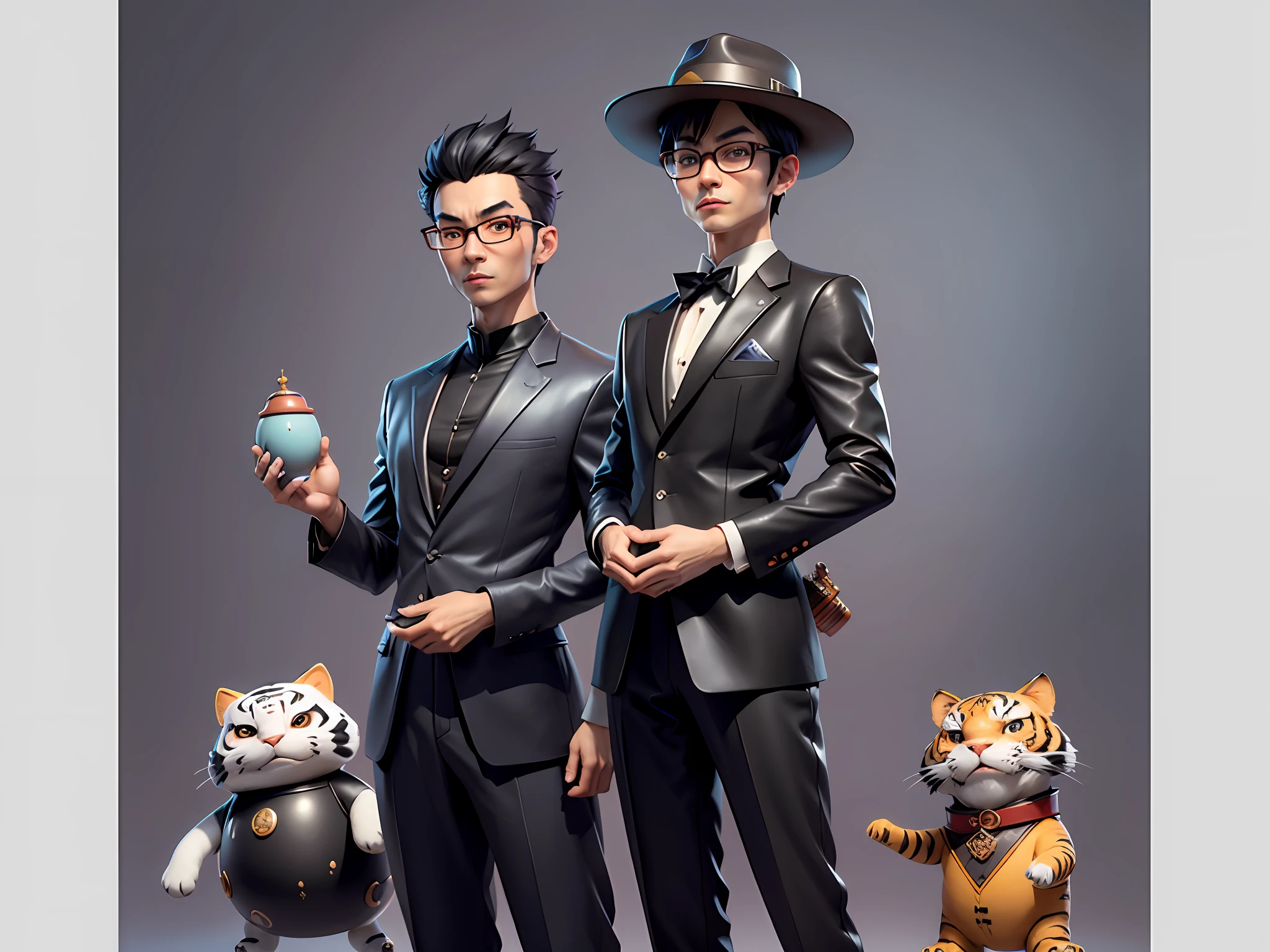 Young man with oriental face in leather hat, tiger, oriental face in formal suit, short black hair, silver glasses, digital painting, 3D character design by Mark Clairedon and Pixar and Hayao Miyazaki and Akira Toriyama, the illustration is a high-definition illustration in 4K resolution with very detailed facial features and cartoon-style visuals.